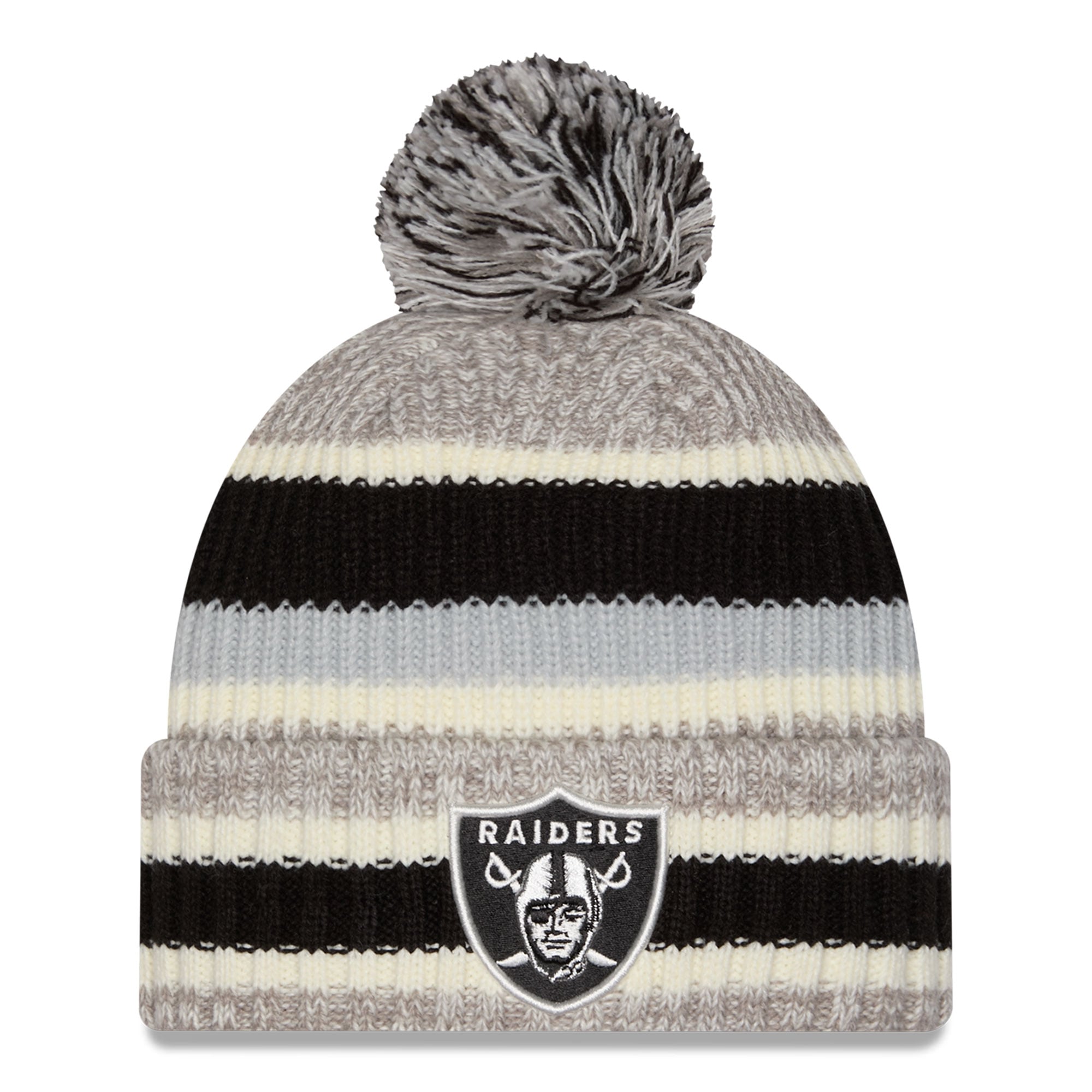 Bonnet à revers rayé noir/beige Las Vegas Raiders pour fille, New Era, avec pompon