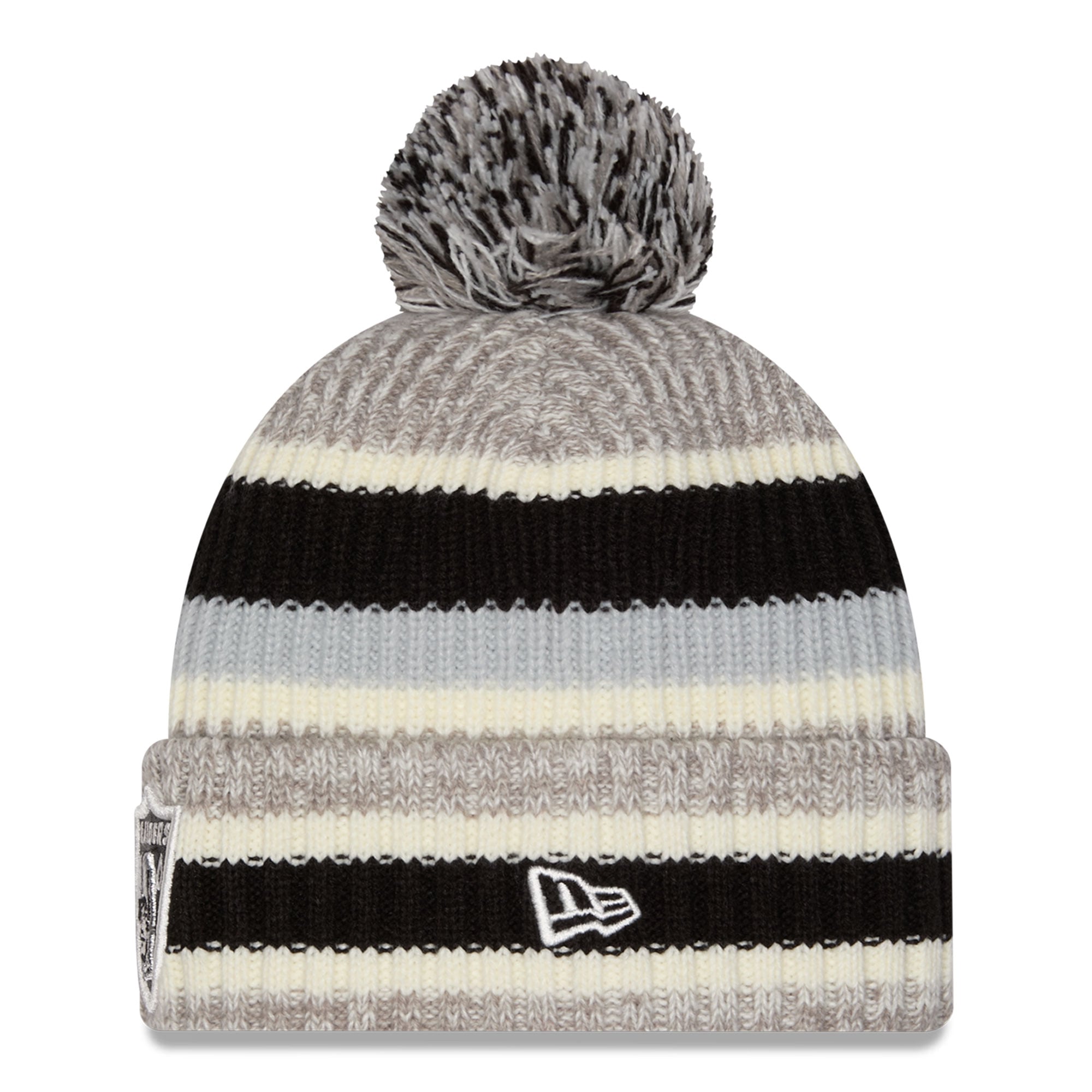 Bonnet à revers rayé noir/beige Las Vegas Raiders pour fille, New Era, avec pompon