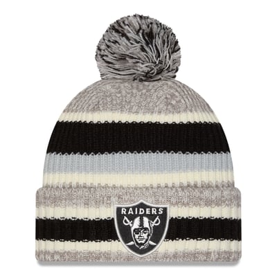 Las Vegas Raiders New Era Girls Youth Stripe Cuffed Knit Hat with Pom - Black/Beige