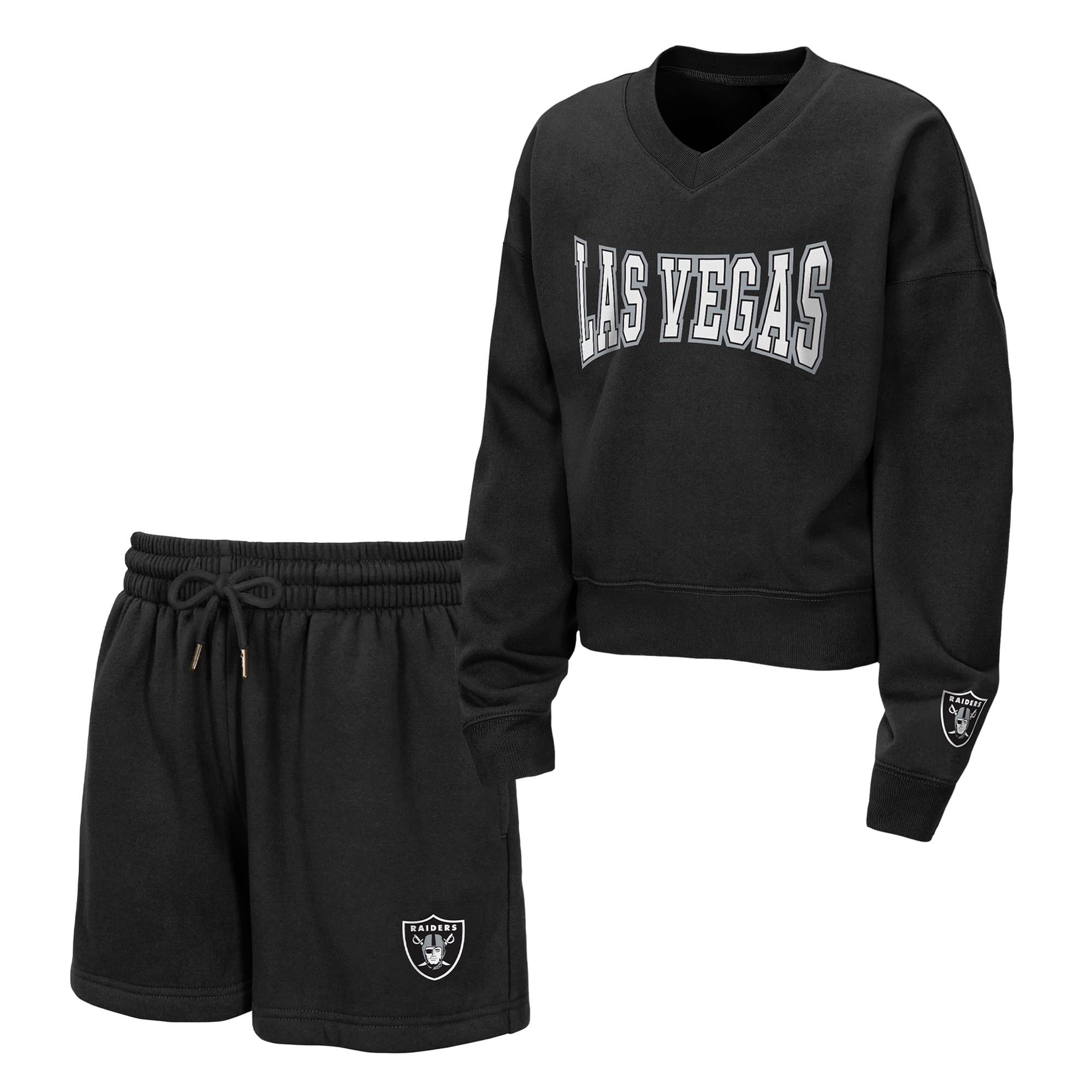 Ensemble sweat-shirt à col en V et short polaire Red Zone noire Las Vegas Raiders pour jeunes filles par Erin Andrews