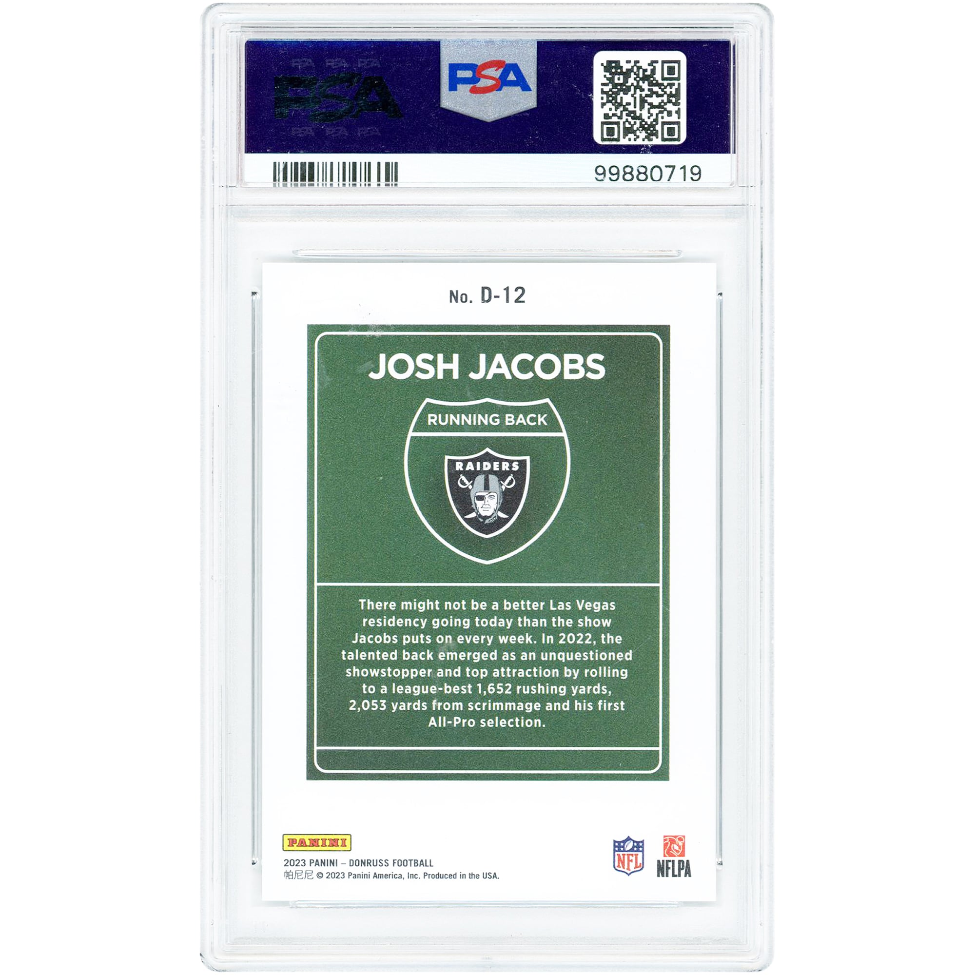 Josh Jacobs Las Vegas Raiders 2023 Panini Donruss Downtown! #D-12 PSA Authenticated 9 Card