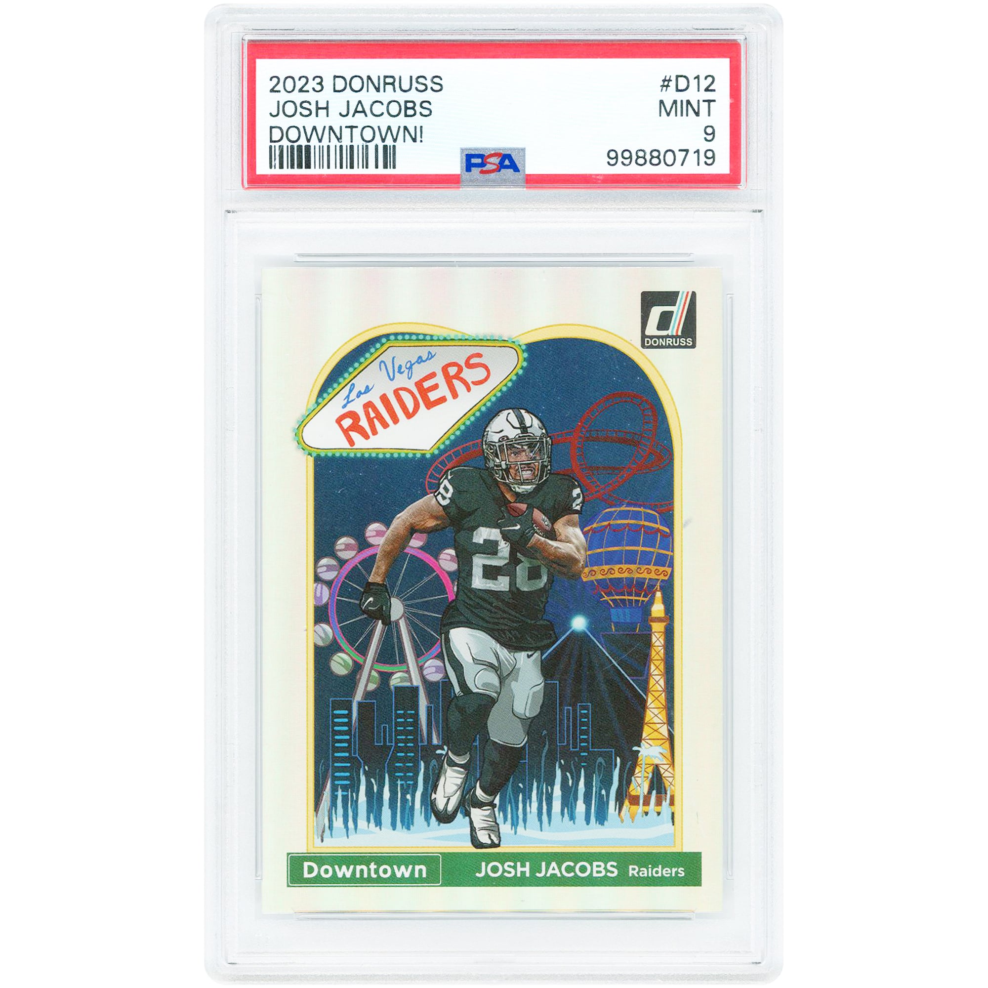 Josh Jacobs Las Vegas Raiders 2023 Panini Donruss Downtown! #D-12 PSA Authenticated 9 Card