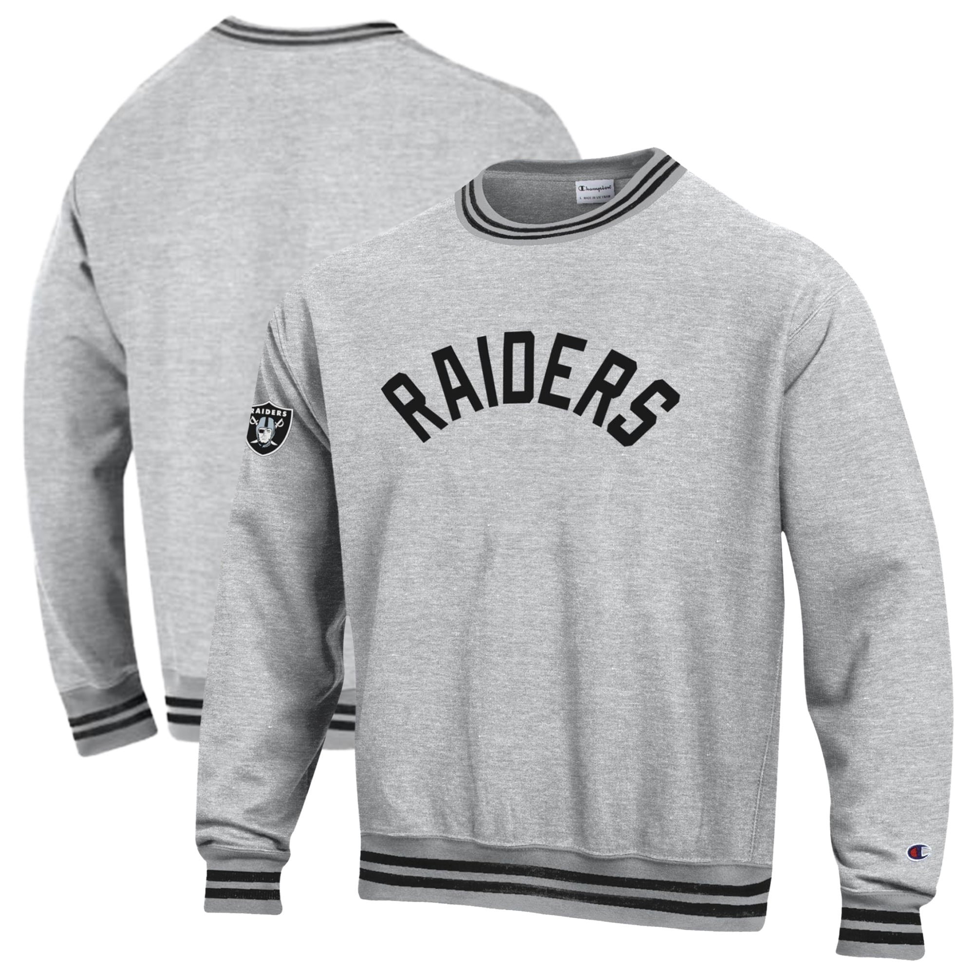 Sweat-shirt Champion pour homme, gris chiné/noir, Las Vegas Raiders, en fil teint à l'envers.