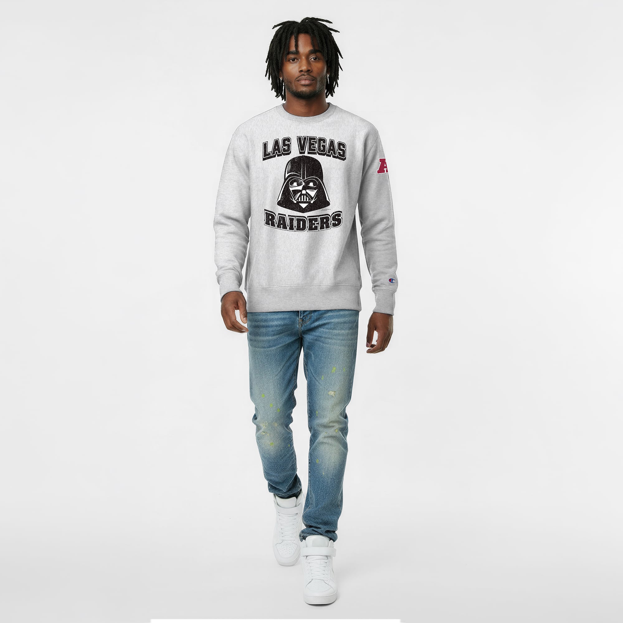 Sweat-shirt homme Disney x Champion gris chiné Las Vegas Raiders Dark Vador Reverse Weave