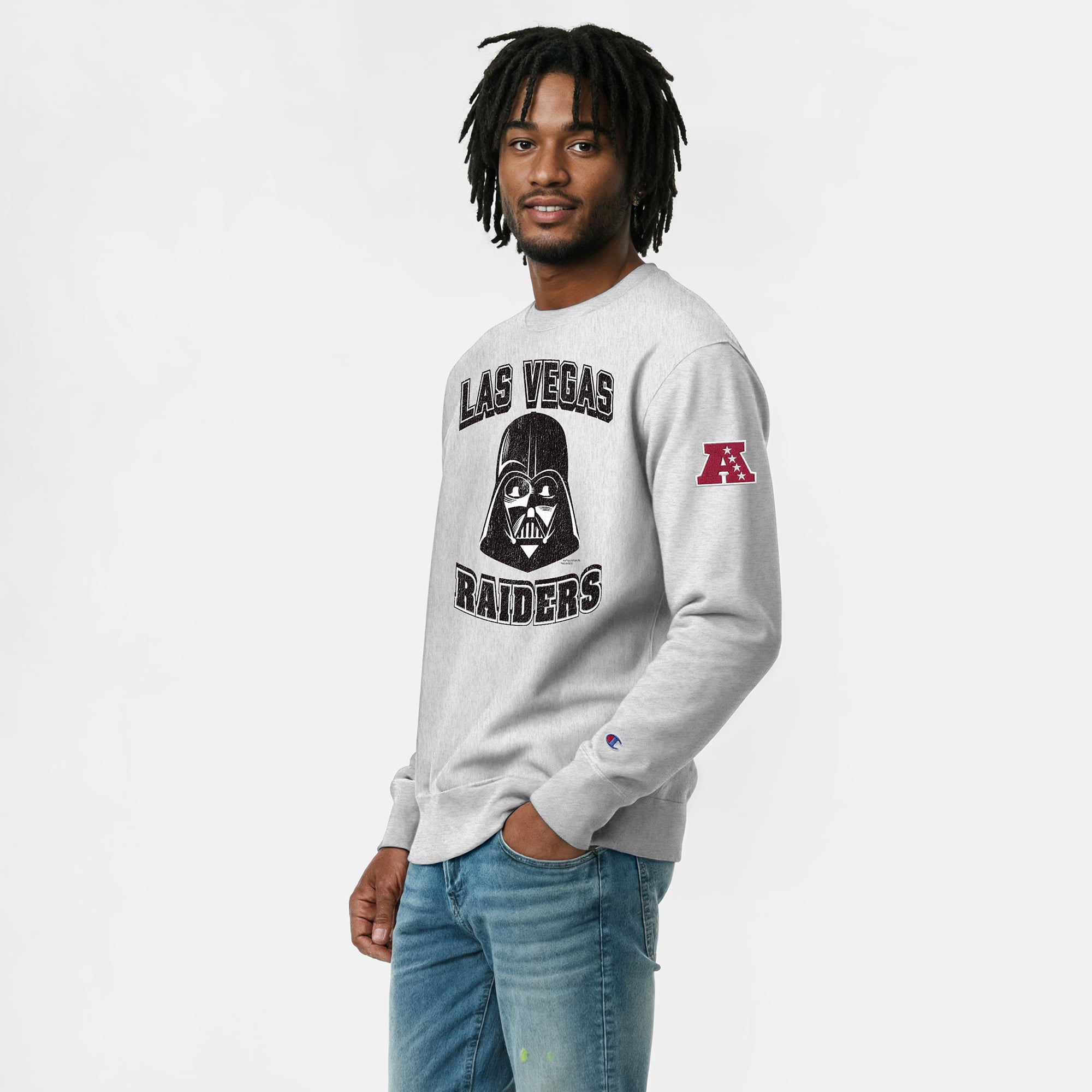 Sweat-shirt homme Disney x Champion gris chiné Las Vegas Raiders Dark Vador Reverse Weave