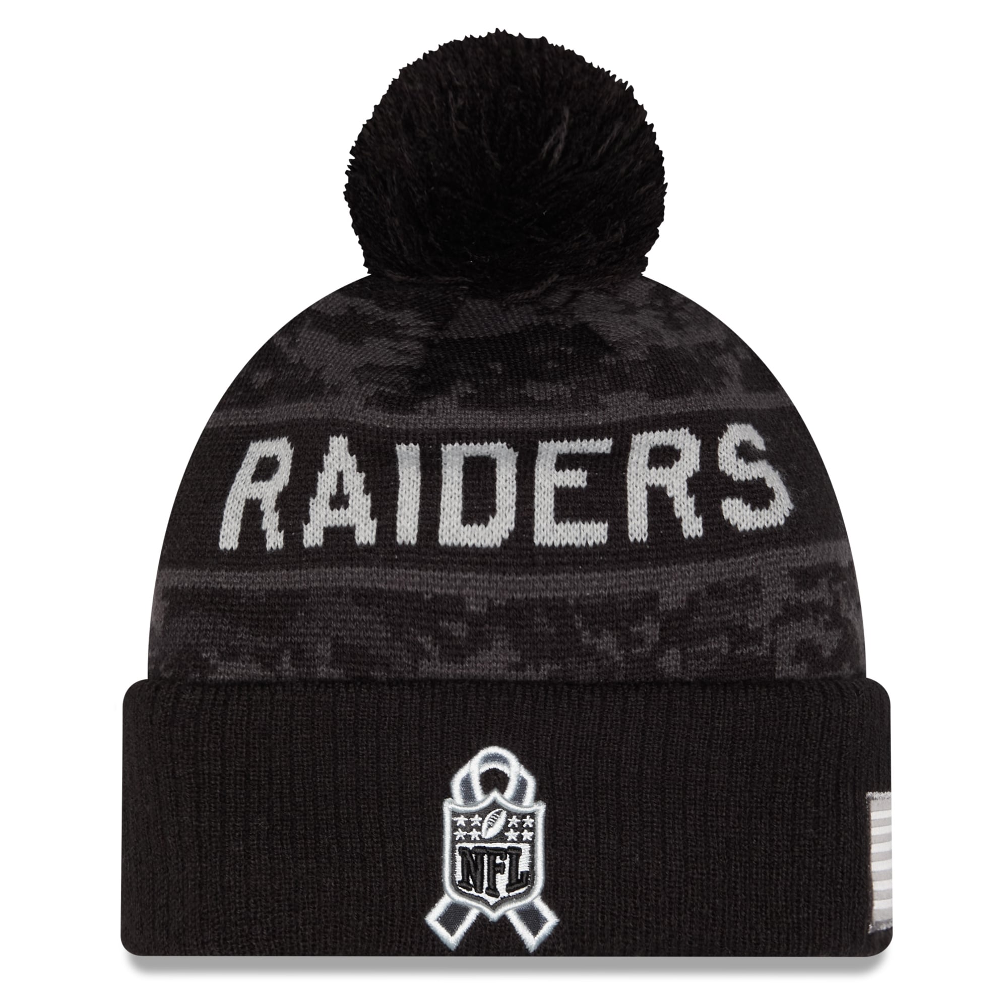 Bonnet à revers New Era noir pour homme, Las Vegas Raiders 2026 Salute To Service, avec pompon