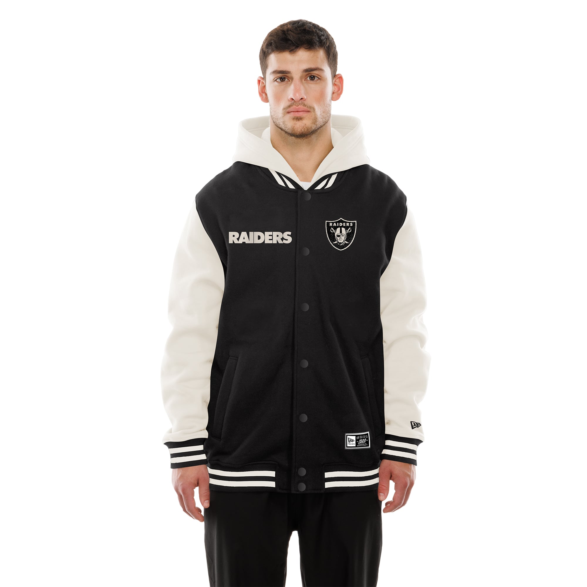 Veste polaire à capuche New Era noire et crème Las Vegas Raiders pour homme, fermeture boutons-pression.