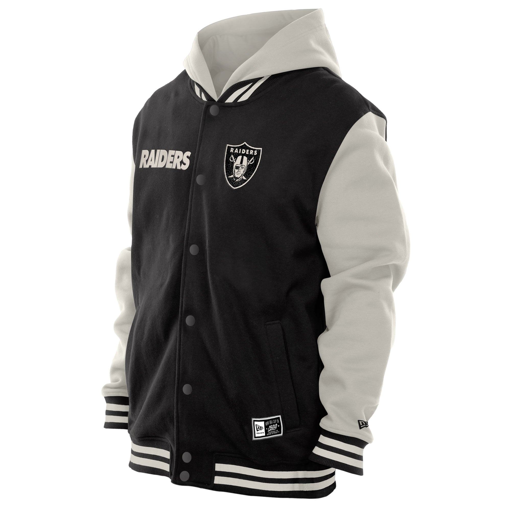 Veste polaire à capuche New Era noire et crème Las Vegas Raiders pour homme, fermeture boutons-pression.