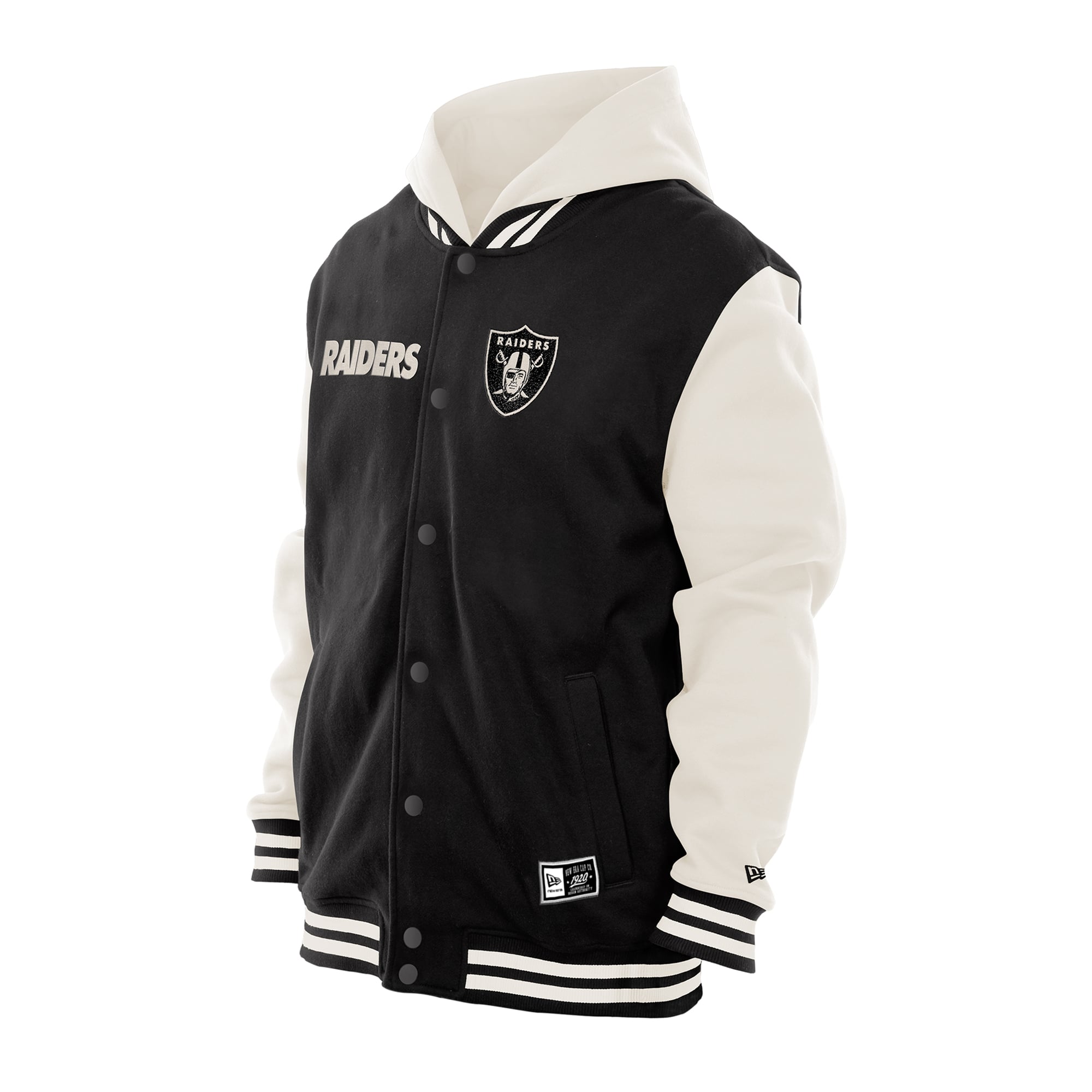 Veste polaire à capuche New Era noire et crème Las Vegas Raiders pour homme, fermeture boutons-pression.