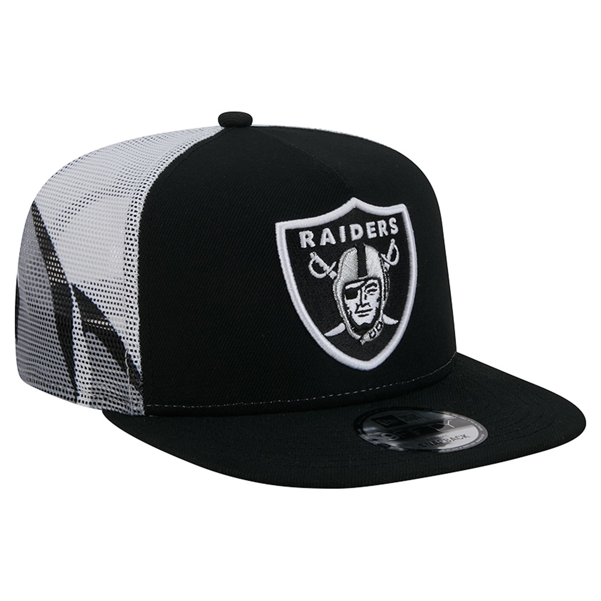 Casquette trucker New Era 9FIFTY Snapback noire et argentée Las Vegas Raiders pour homme