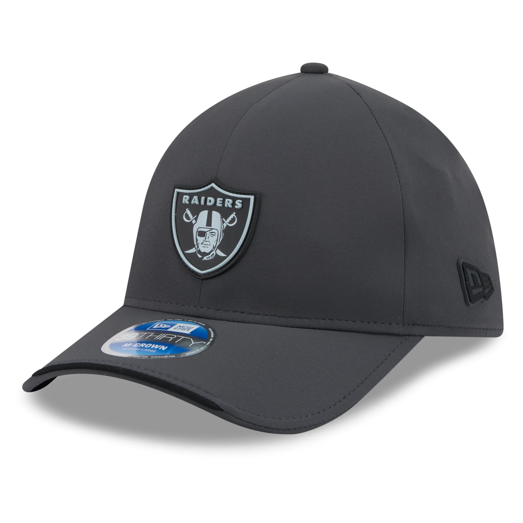 Casquette New Era 39THIRTY M-Crown Stretch pour homme, couleur anthracite, Las Vegas Raiders 2026, idéale les temps froids.