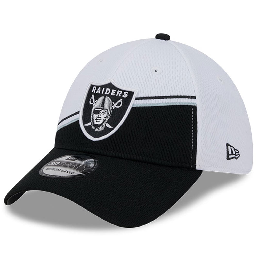 Casquette New Era Flex blanche et noire Las Vegas Raiders 2023 Sideline 39THIRTY pour homme