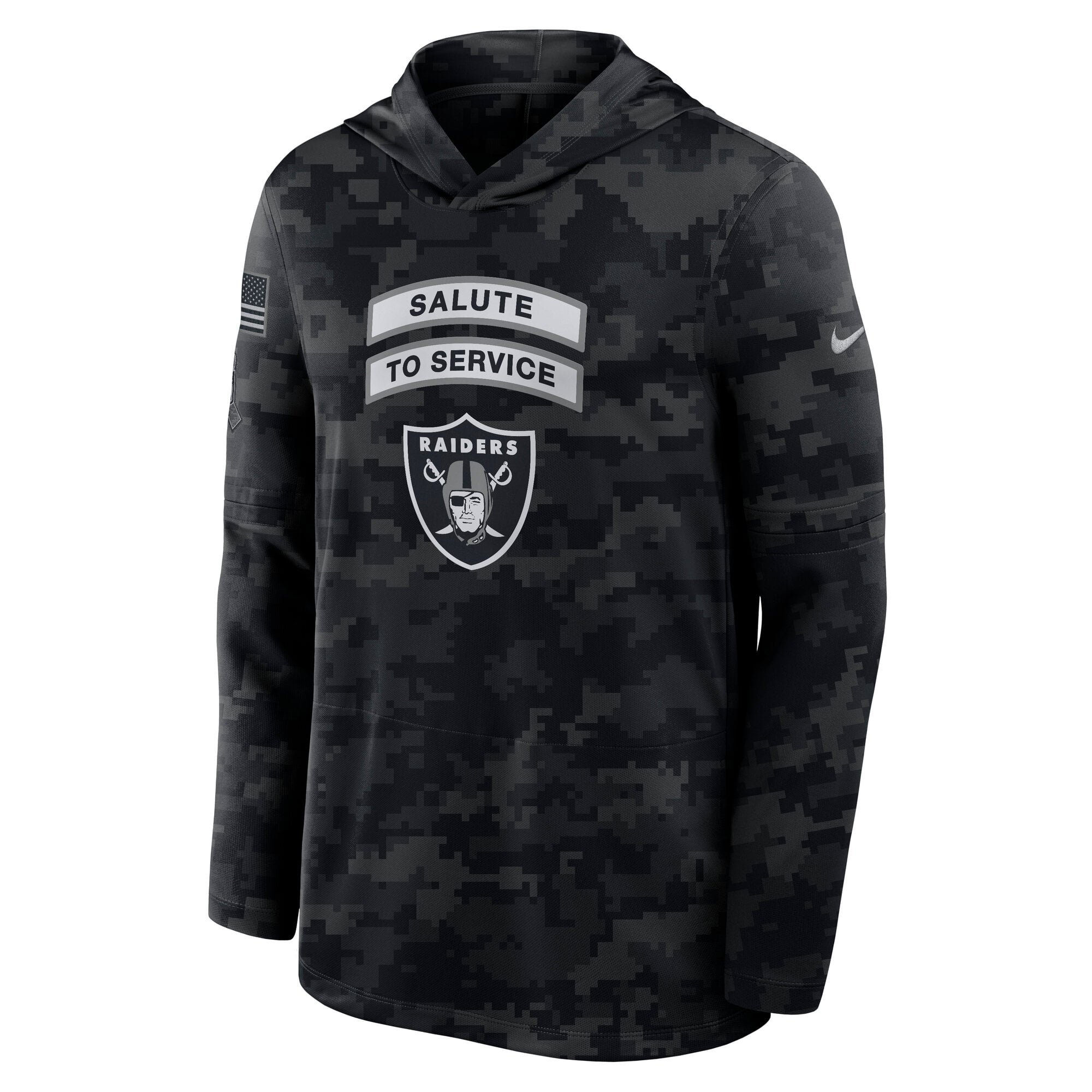 T-shirt à manches longues Nike noir pour homme, Las Vegas Raiders 2026 Salute to Service, avec capuche et technologie Dri-FIT.