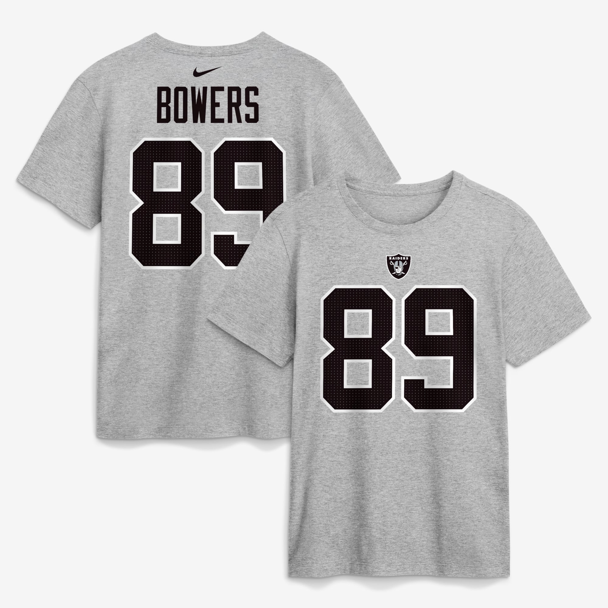 T-shirt Nike Brock Bowers gris chiné pour homme, avec nom et numéro des Las Vegas Raiders