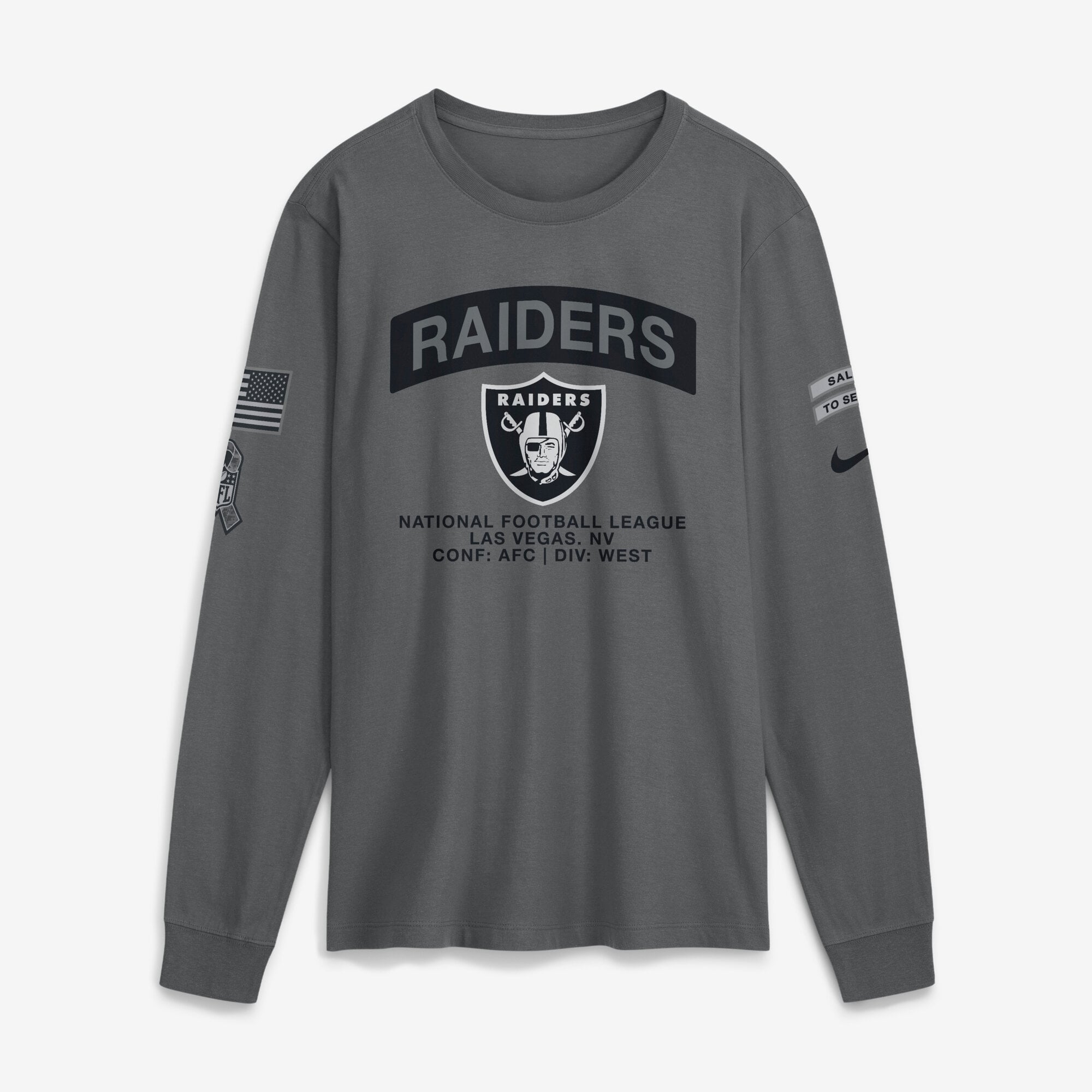 T-shirt à manches longues Nike gris pour homme, Las Vegas Raiders 2026 Salute to Service