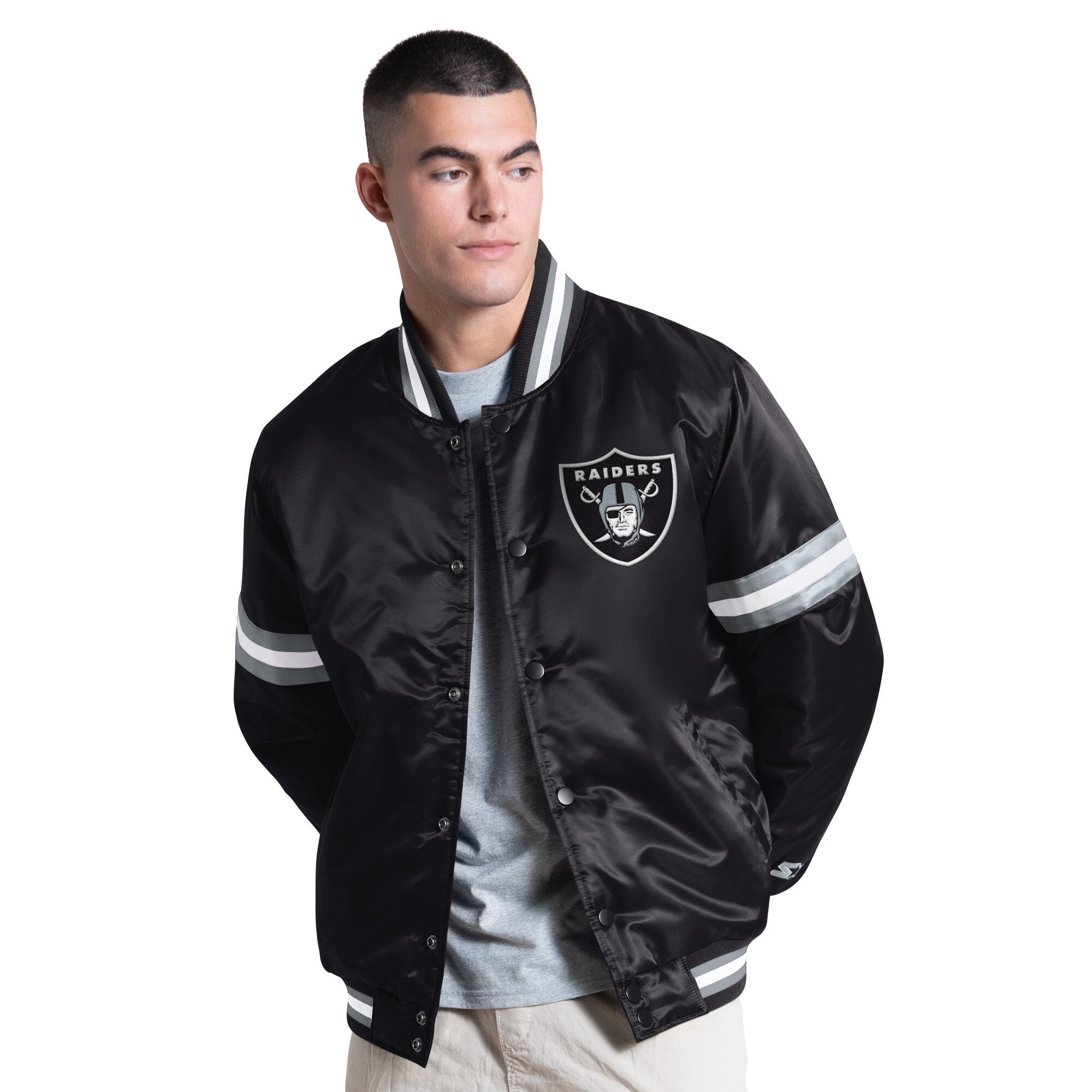 Veste universitaire Starter noire pour homme, modèle Courtside des Raiders de Las Vegas, fermeture à boutons-pression.