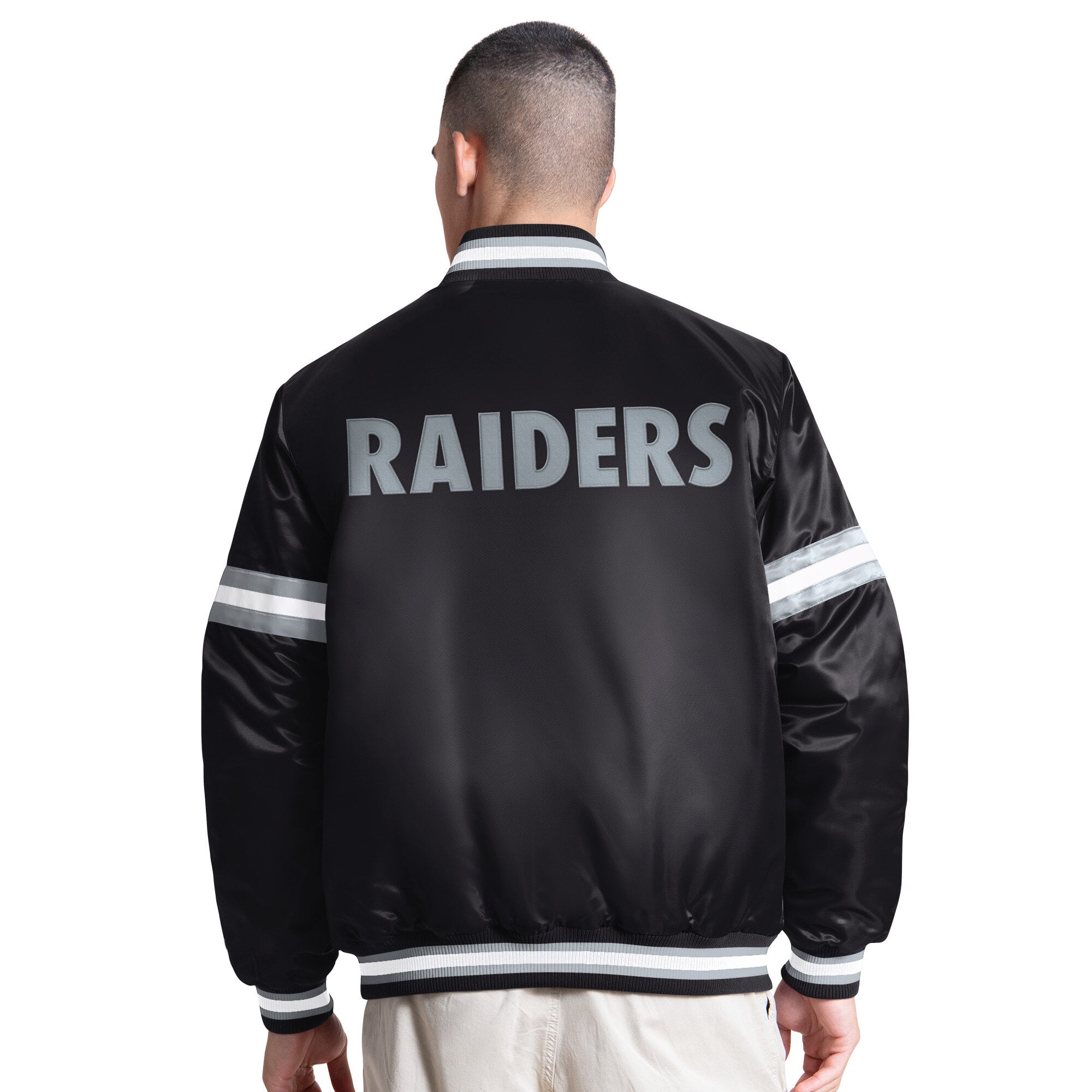 Veste Starter noire pour homme, modèle Courtside Varsity à logo rétro des Raiders de Las Vegas, fermeture boutons-pression.