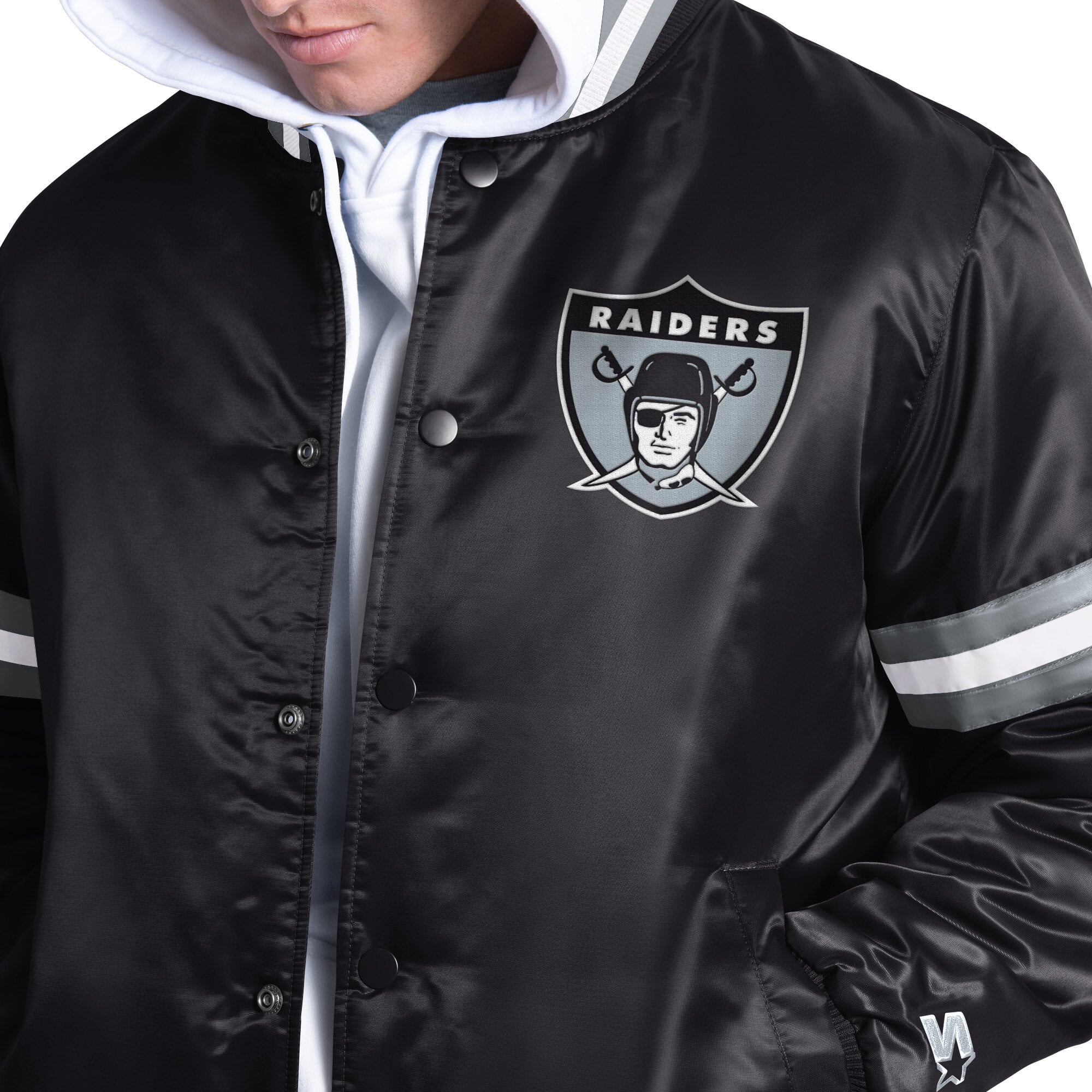 Veste Starter noire pour homme, modèle Courtside Varsity à logo rétro des Raiders de Las Vegas, fermeture boutons-pression.