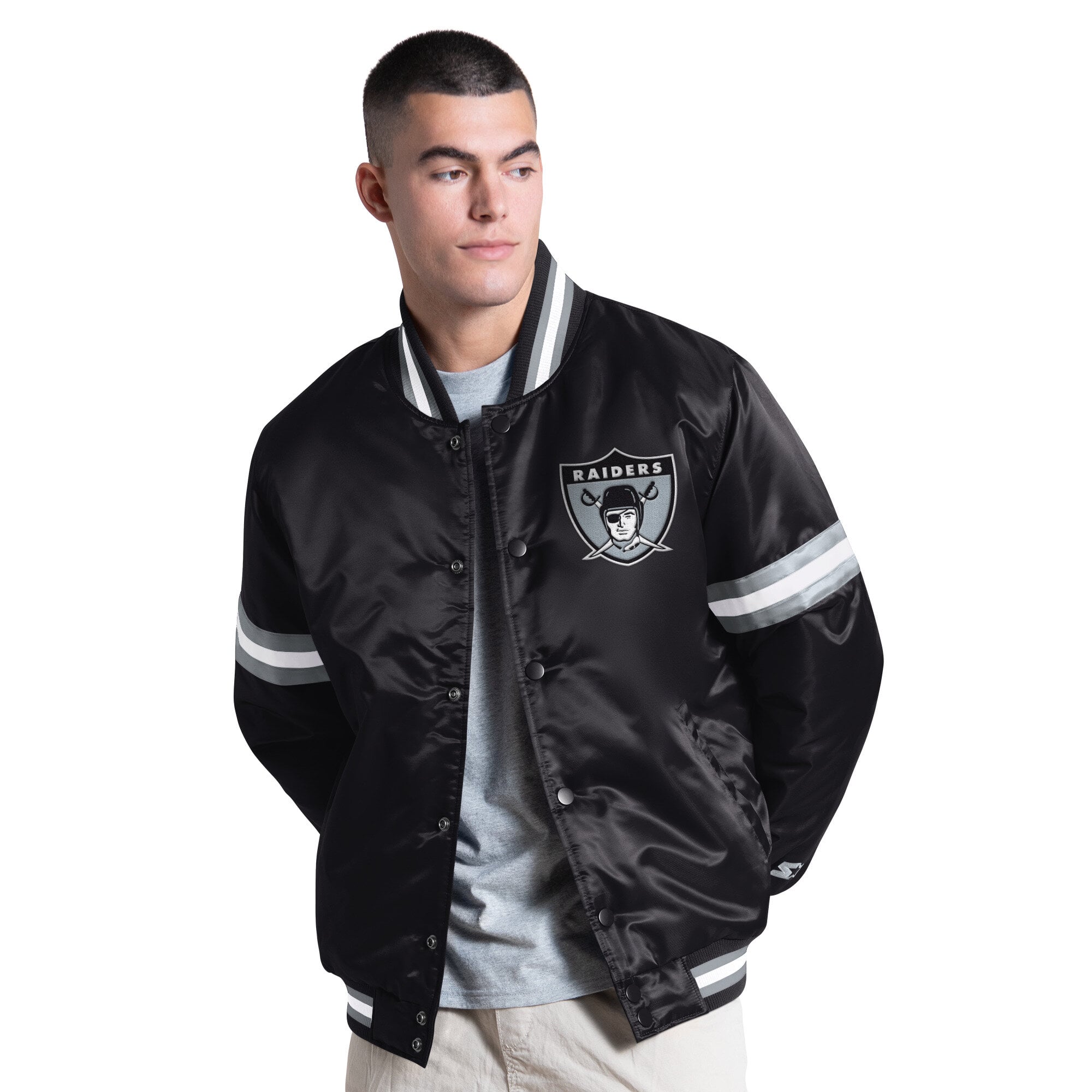 Veste Starter noire pour homme, modèle Courtside Varsity à logo rétro des Raiders de Las Vegas, fermeture boutons-pression.