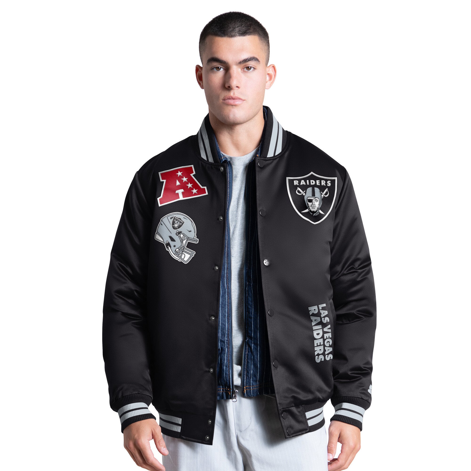 Veste universitaire Starter noire pour homme, modèle Elite Las Vegas Raiders, fermeture à boutons-pression.