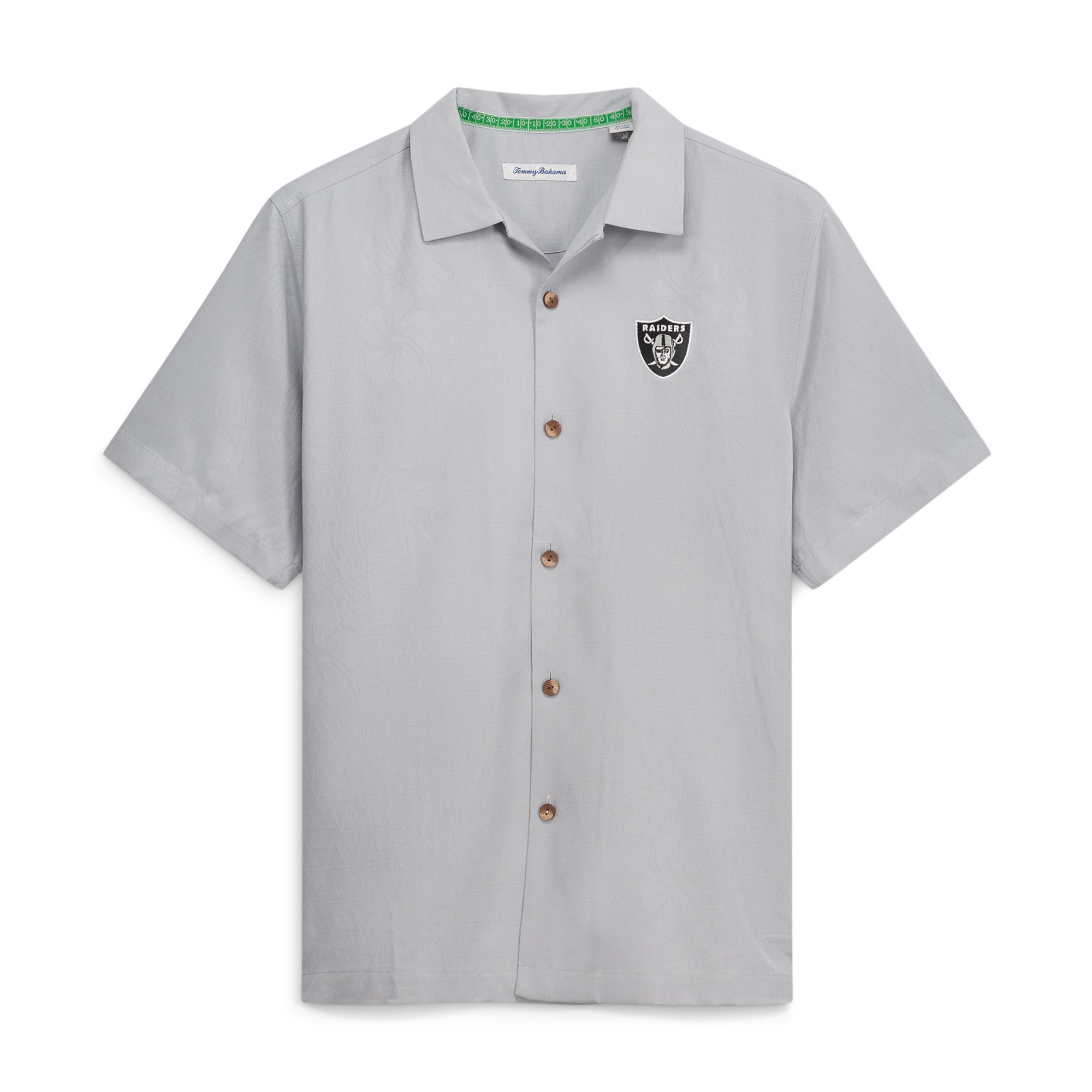 Chemise boutonnée Tommy Bahama grise pour homme, motif Endzone Paradise Island des Raiders de Las Vegas