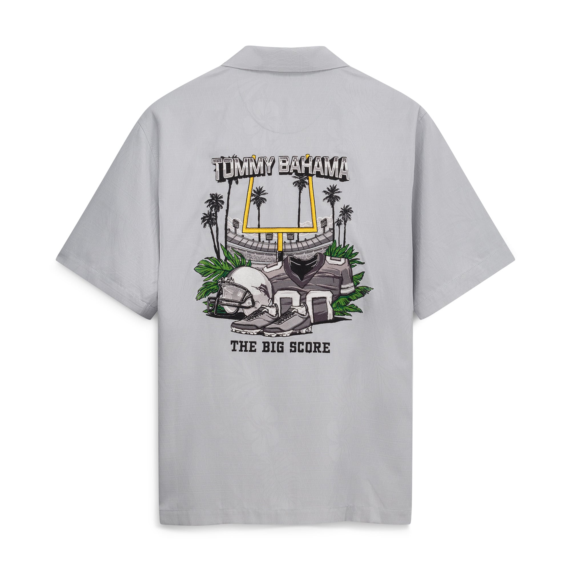 Chemise boutonnée Tommy Bahama grise pour homme, motif Endzone Paradise Island des Raiders de Las Vegas