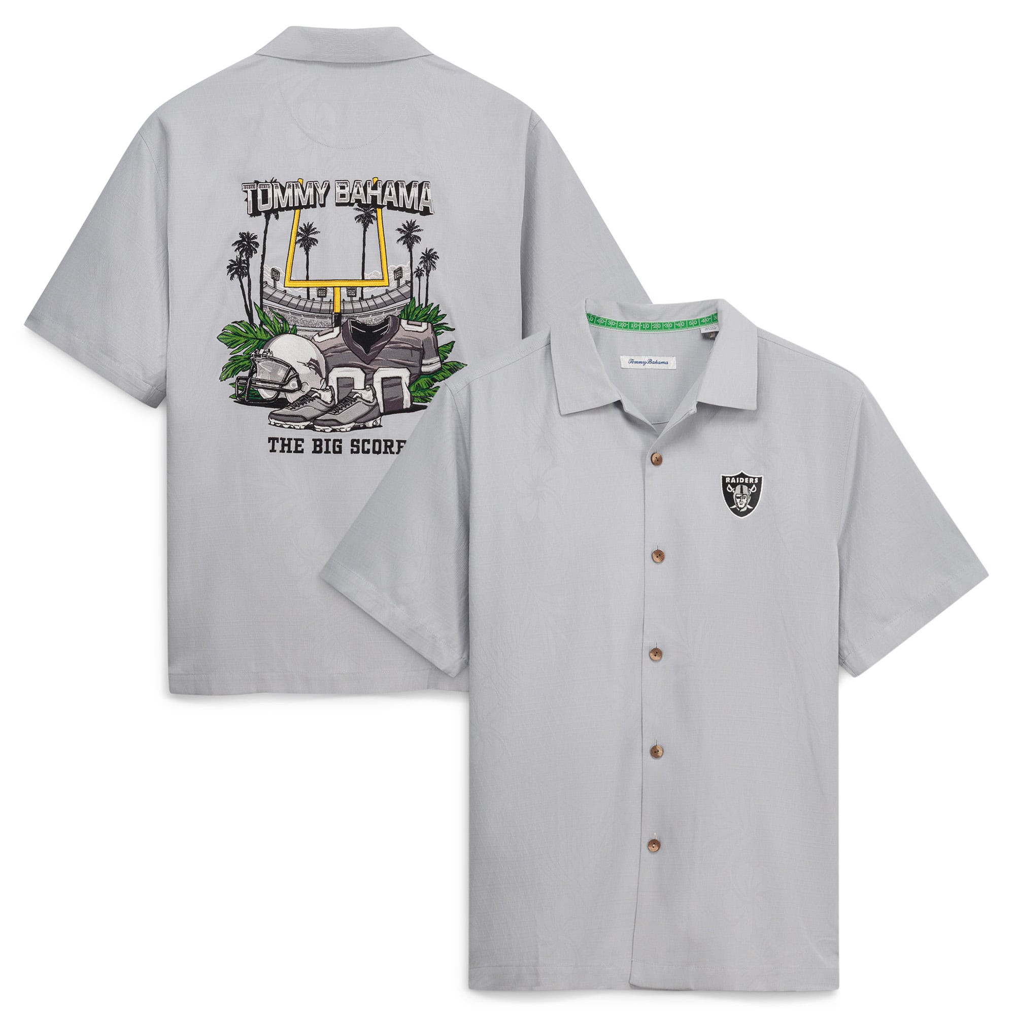 Chemise boutonnée Tommy Bahama grise pour homme, motif Endzone Paradise Island des Raiders de Las Vegas