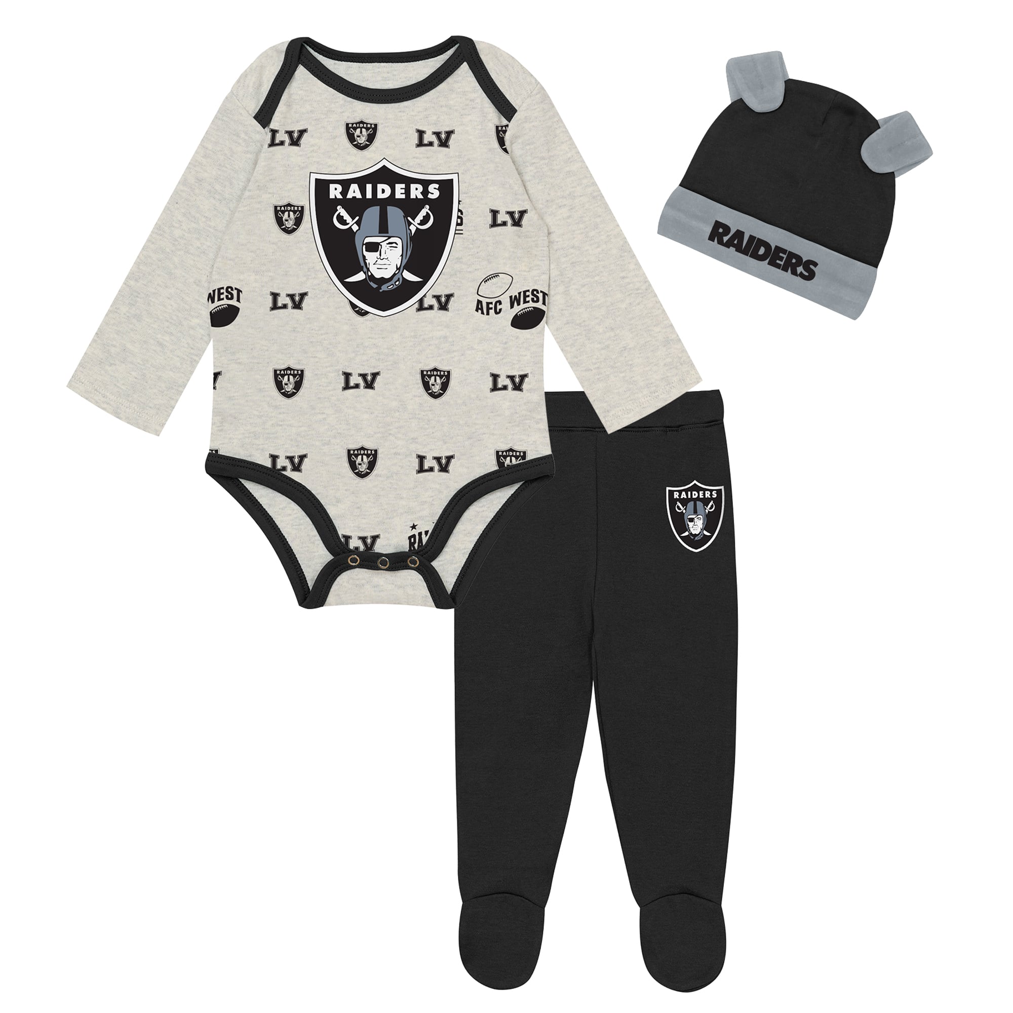 Ensemble pantalon et bonnet 3 pièces Outerstuff gris chiné Las Vegas Raiders Huddles & Giggles pour nouveau-né