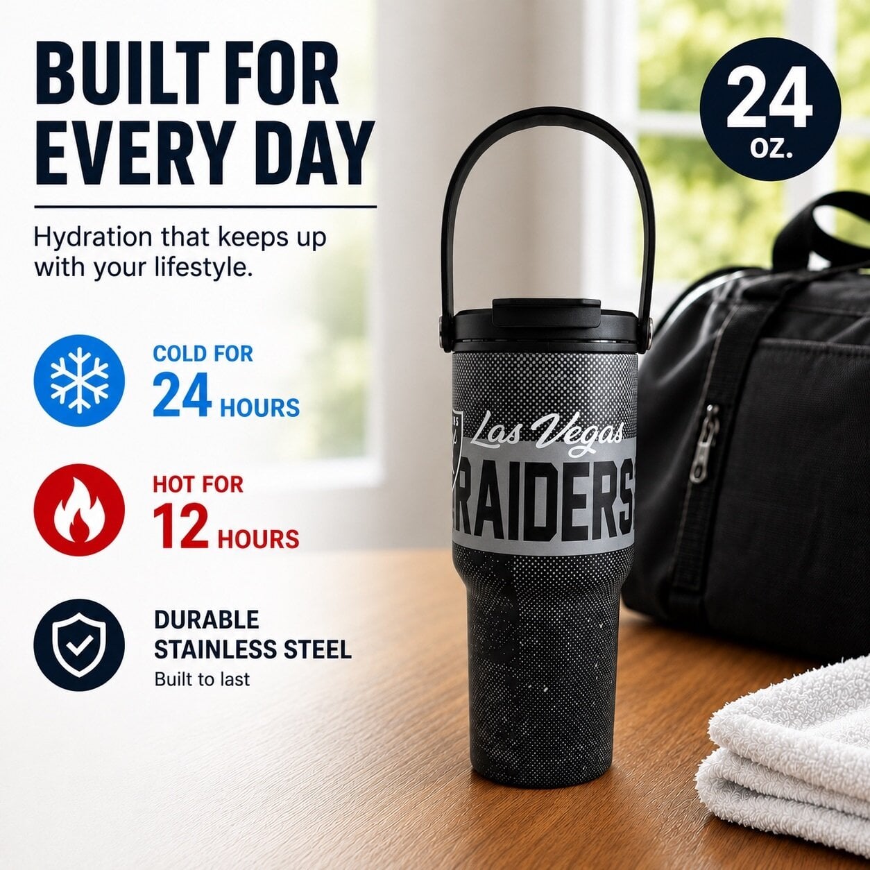 Pegasus Las Vegas Raiders 24oz. Speckled Gradient Stainless Steel Dual Top Water Bottle