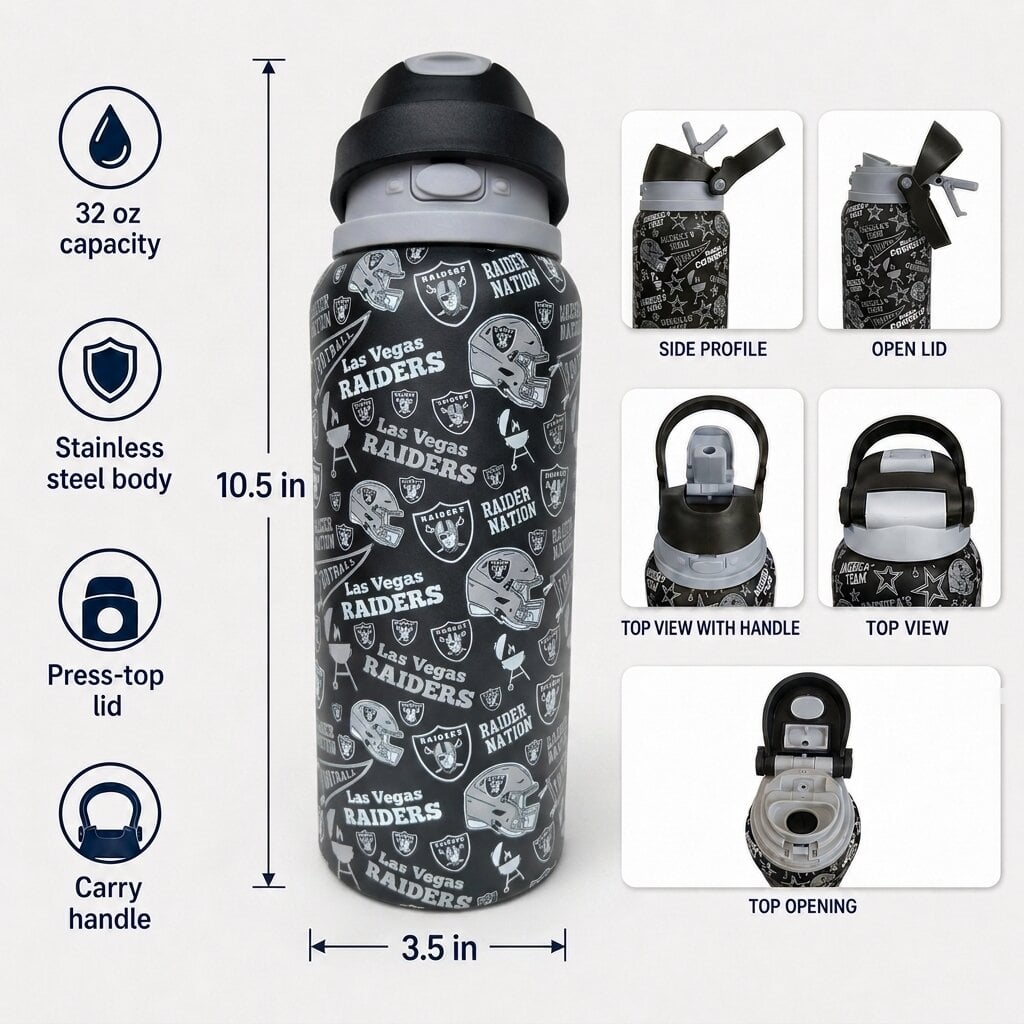 Gourde Pegasus Las Vegas Raiders 32 oz, fanion de match, en acier inoxydable ProPress