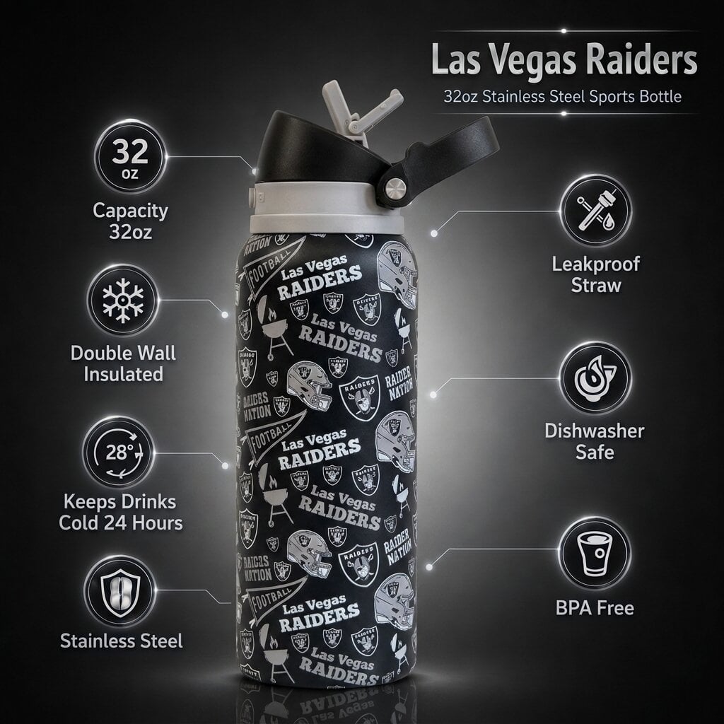 Gourde Pegasus Las Vegas Raiders 32 oz, fanion de match, en acier inoxydable ProPress