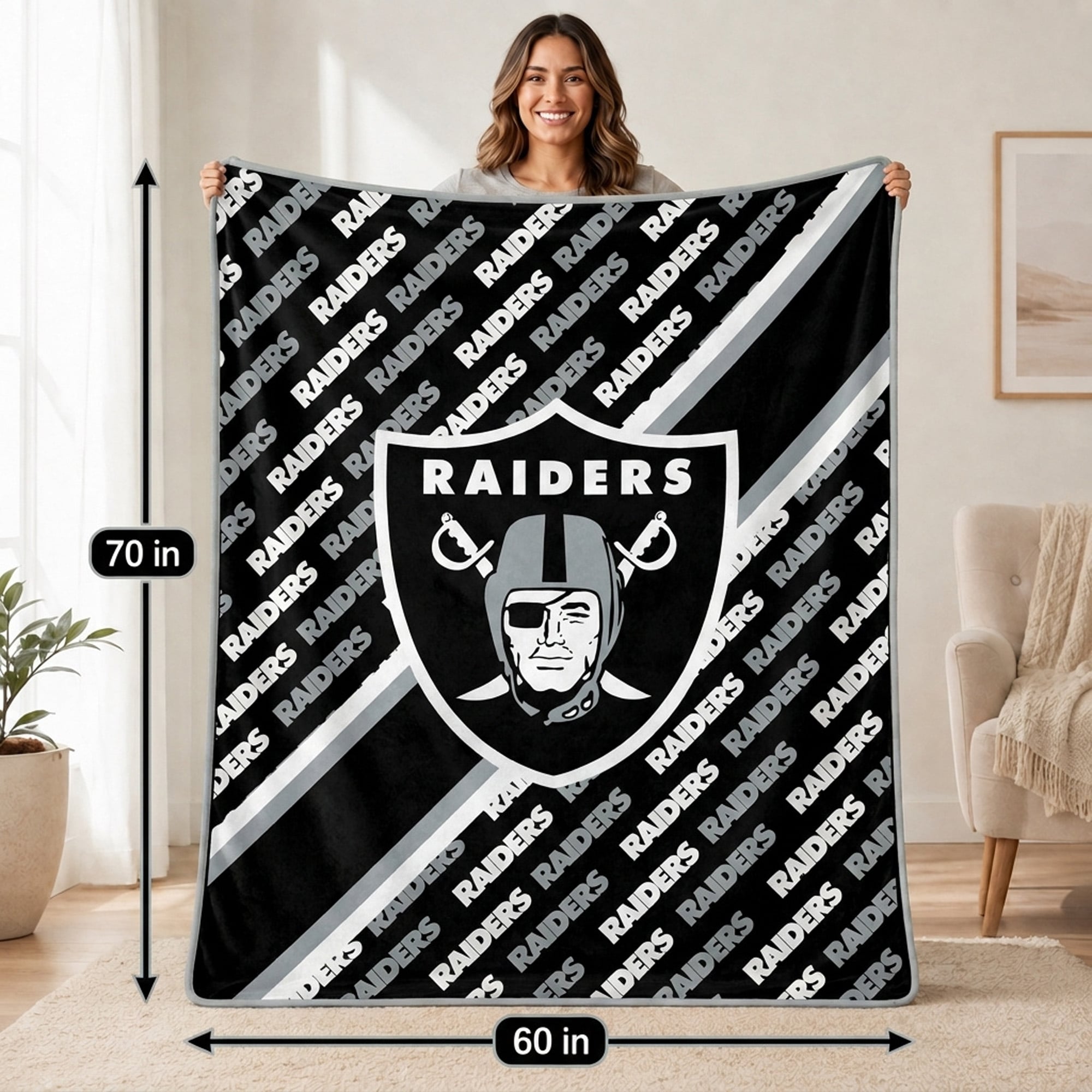 Couverture ultra douce Pegasus Las Vegas Raiders, 152 x 178 cm (diagonale), doublée, avec logo.