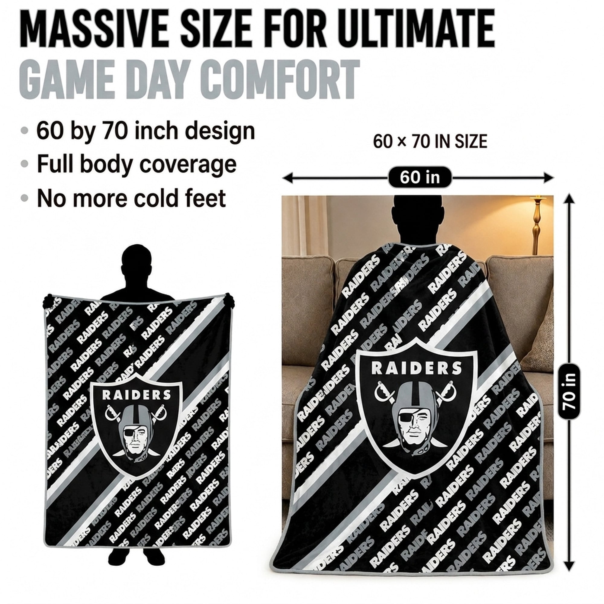 Couverture ultra douce Pegasus Las Vegas Raiders, 152 x 178 cm (diagonale), doublée, avec logo.