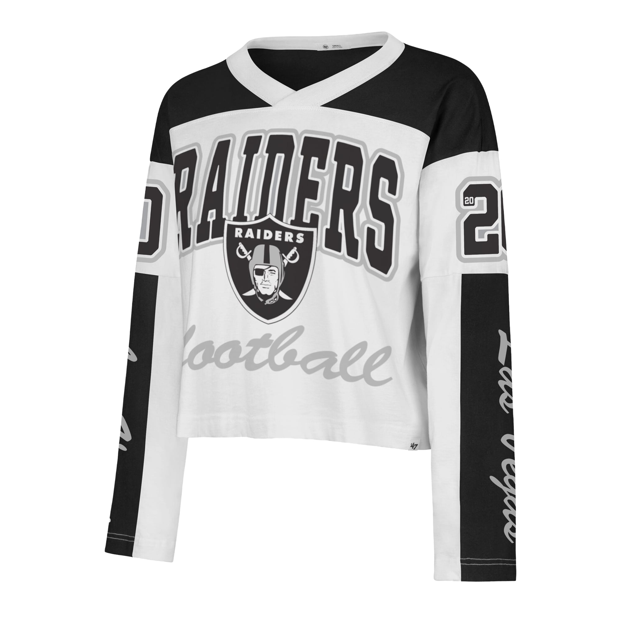 T-shirt à manches longues et col en V blanc '47 Las Vegas Raiders pour femme