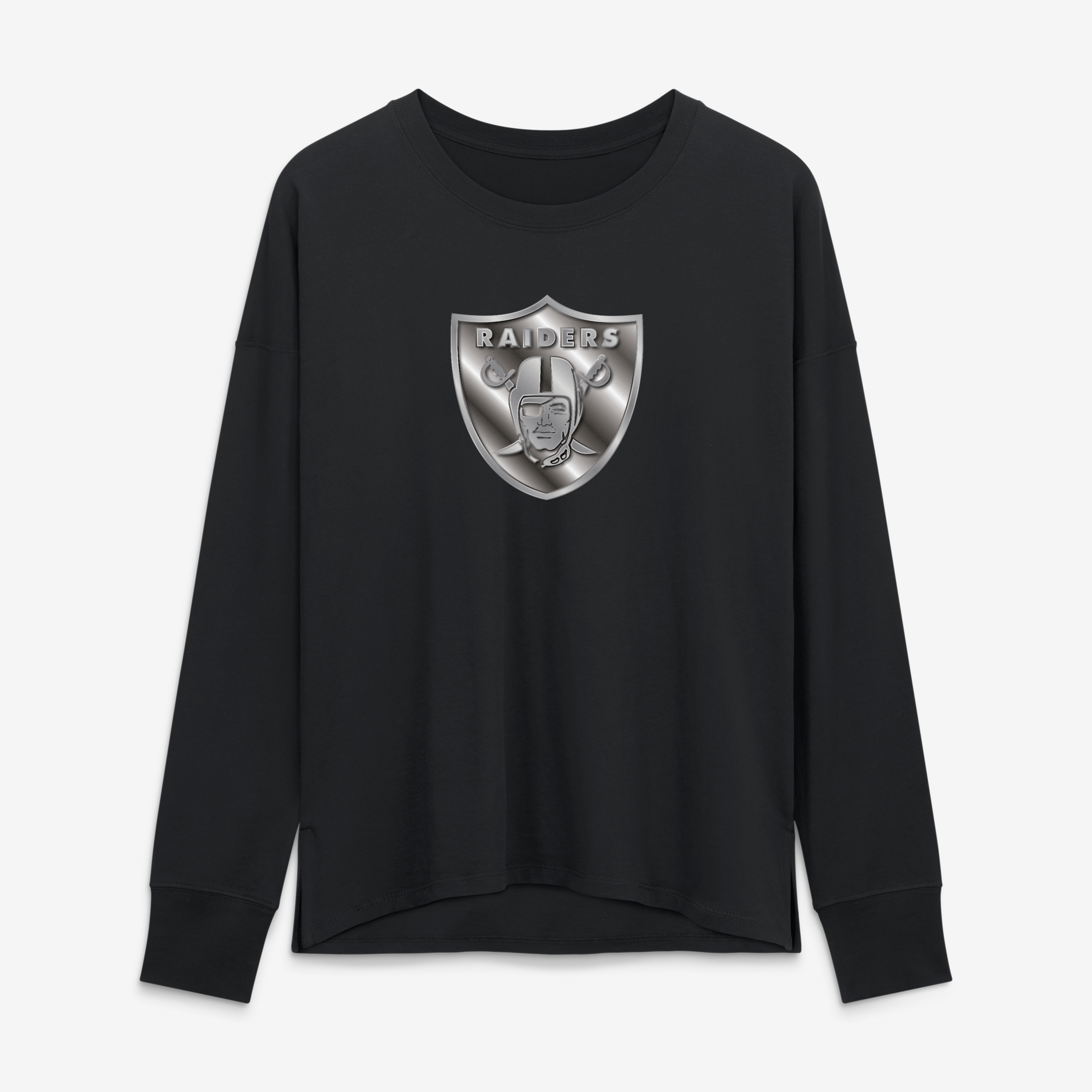 T-shirt à manches longues noir pour femmes avec mascotte métallique des Raiders de Las Vegas