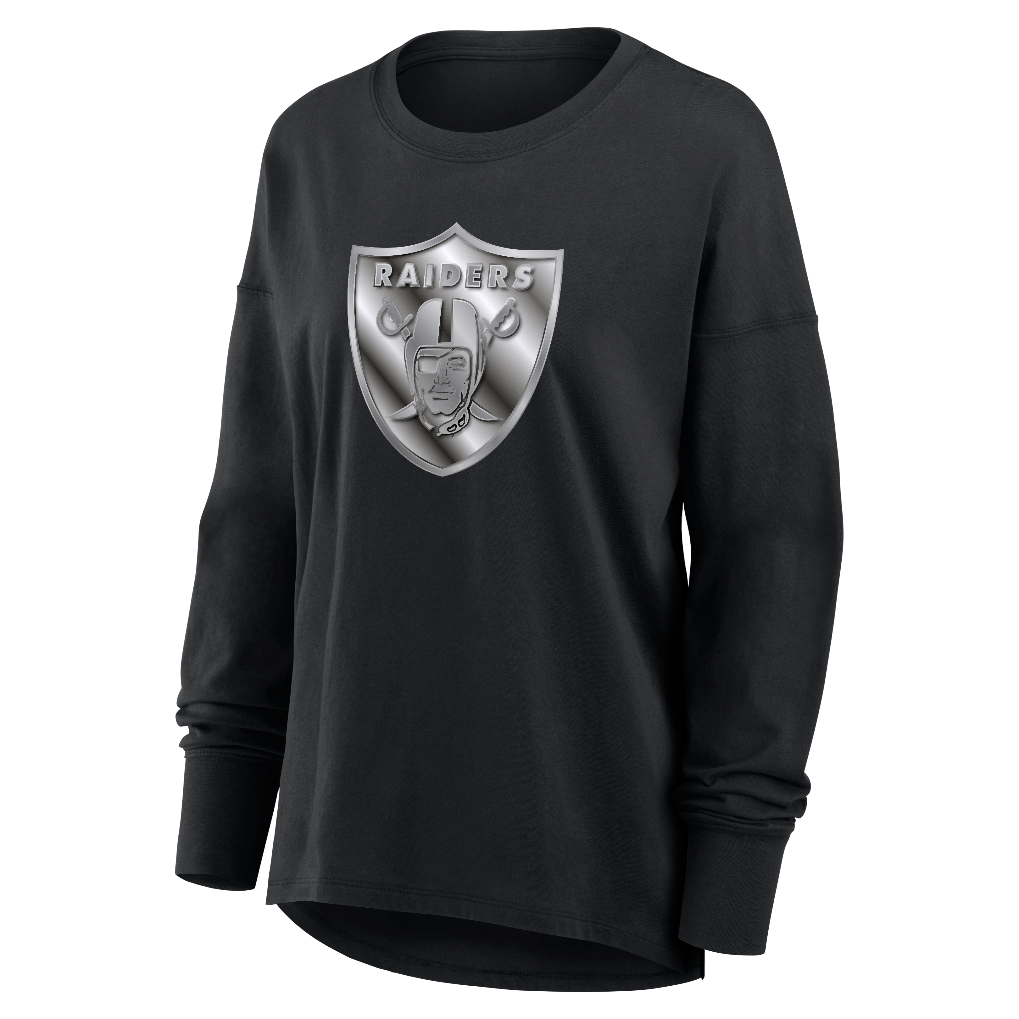 T-shirt à manches longues noir pour femmes avec mascotte métallique des Raiders de Las Vegas