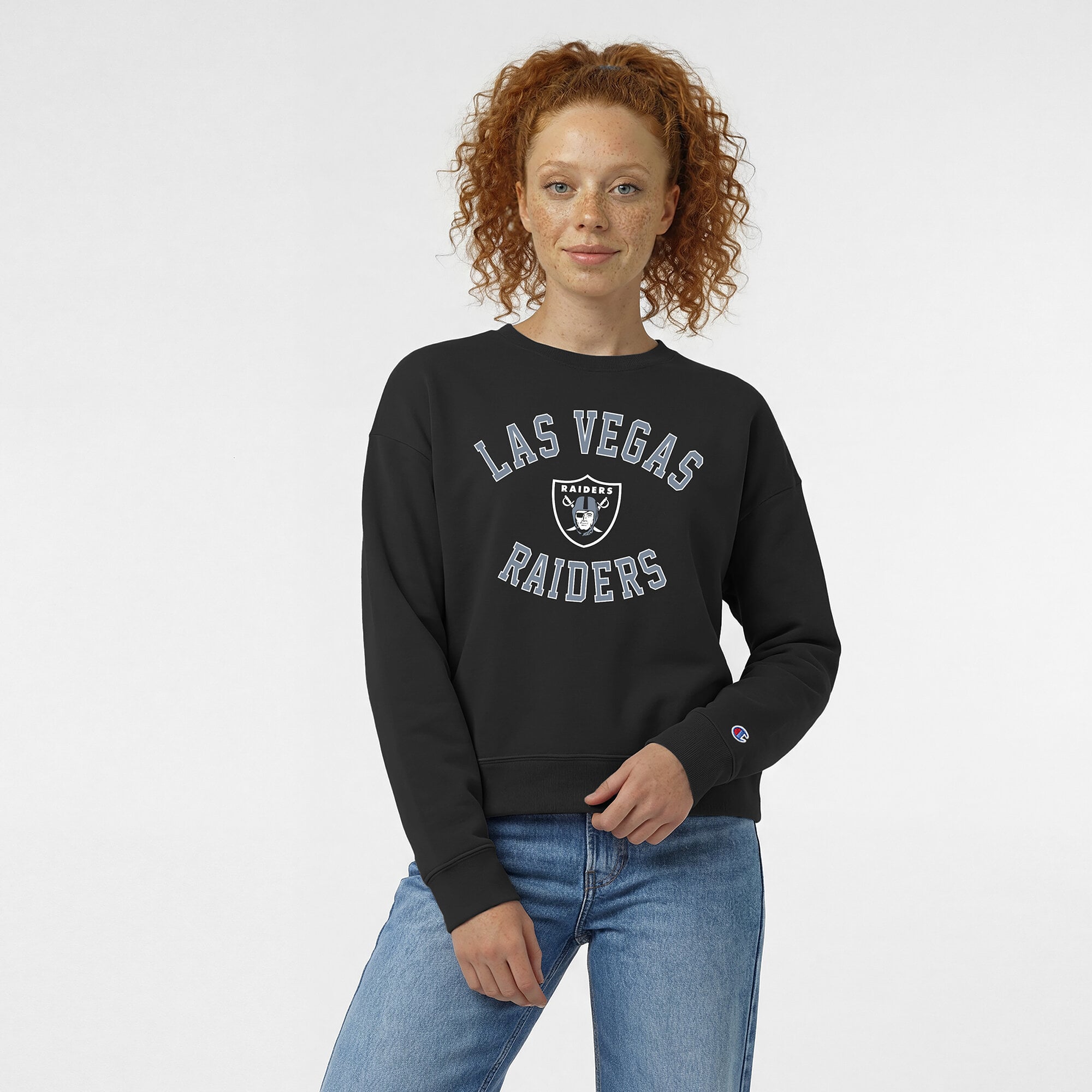 Sweat-shirt Champion noir pour femme, modèle Heart & Soul Powerblend, à l'effigie des Raiders de Las Vegas.