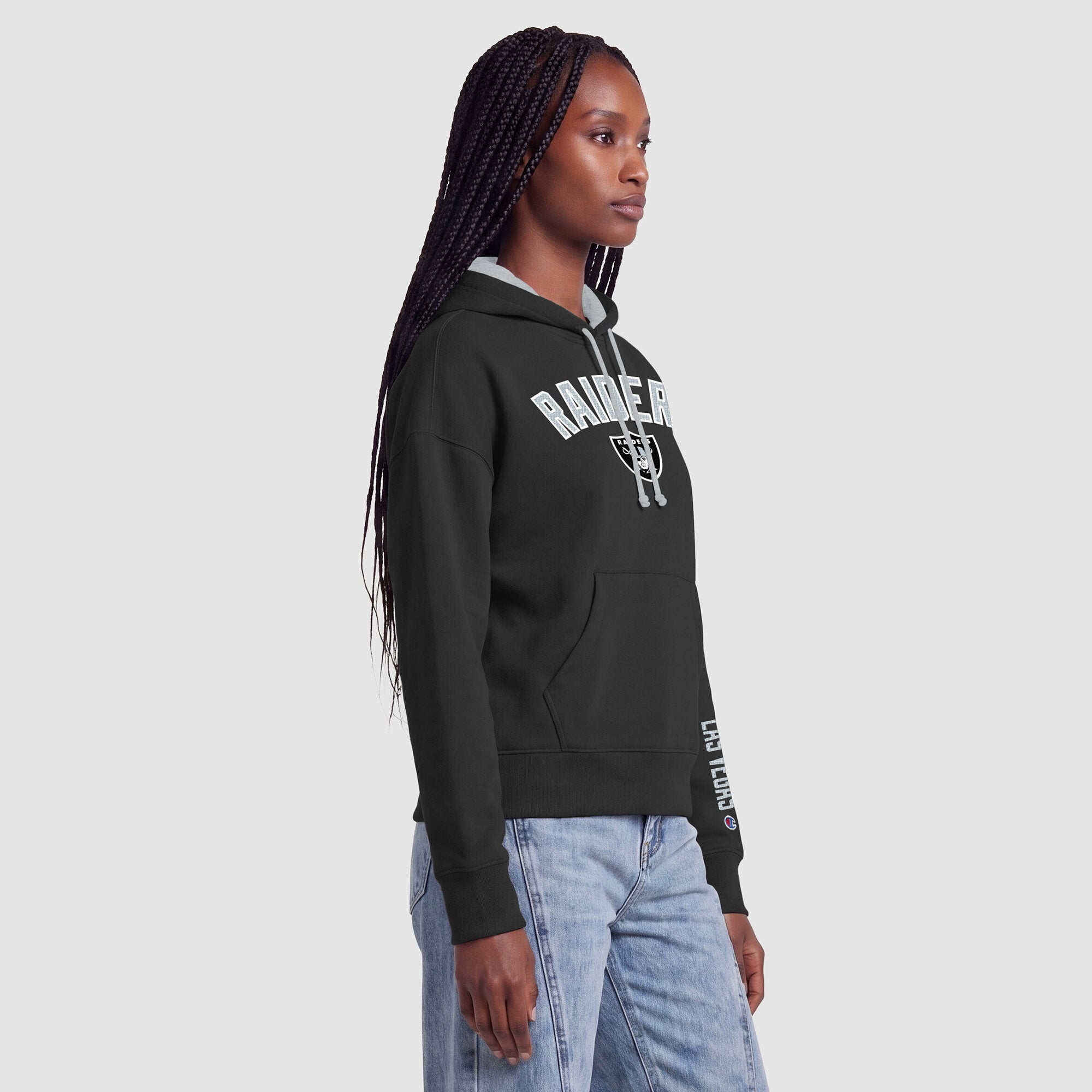 Sweat à capuche Champion noir/argent pour femme, doublure contrastée Las Vegas Raiders
