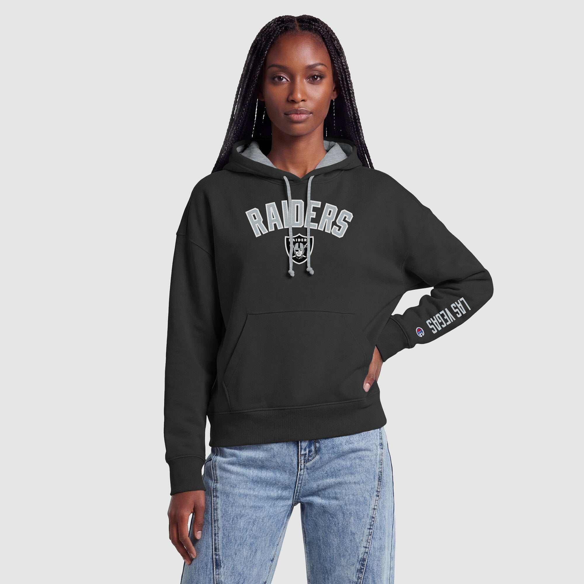 Sweat à capuche Champion noir/argent pour femme, doublure contrastée Las Vegas Raiders