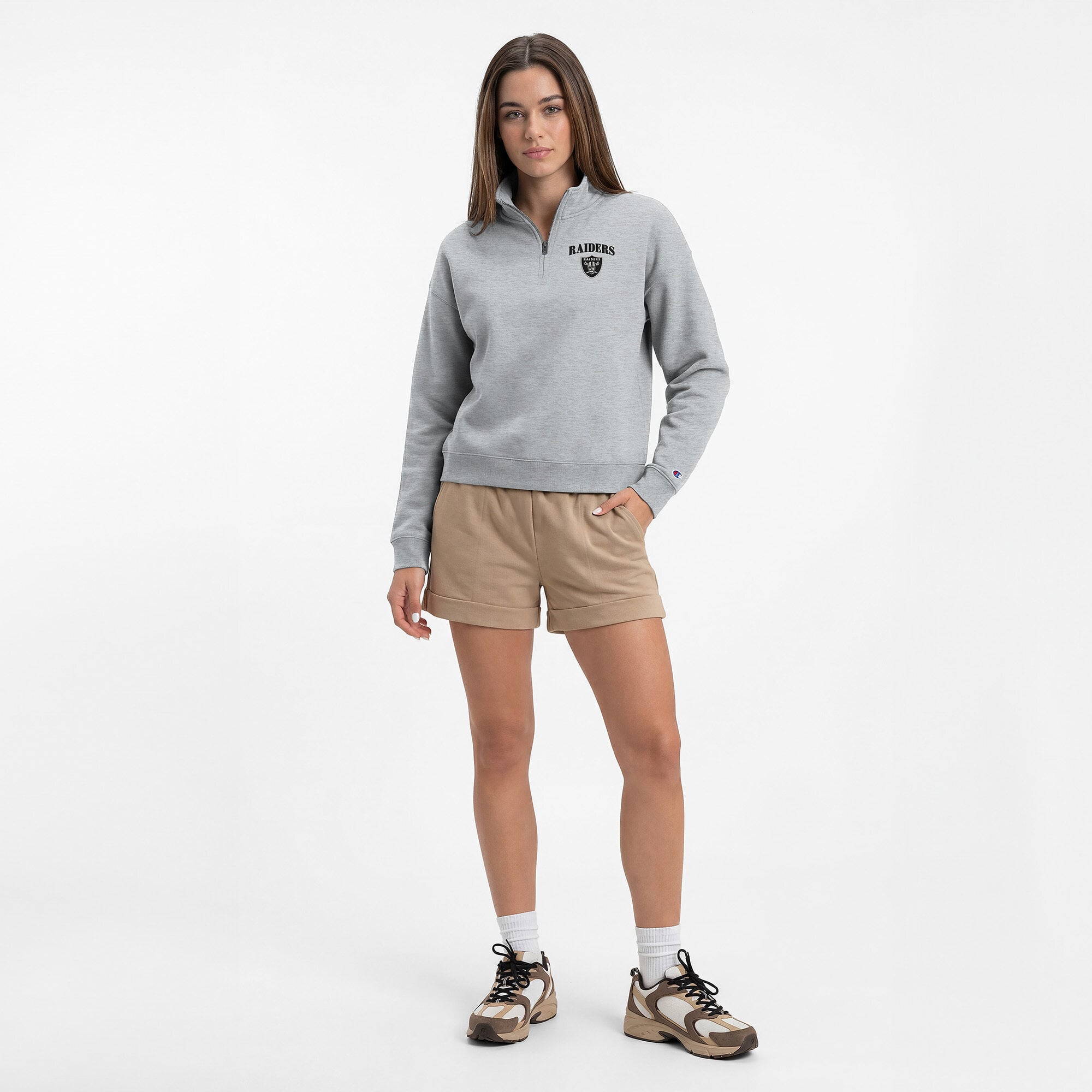 Sweat-shirt à col zippé Champion pour femme, gris chiné, Las Vegas Raiders, Powerblend