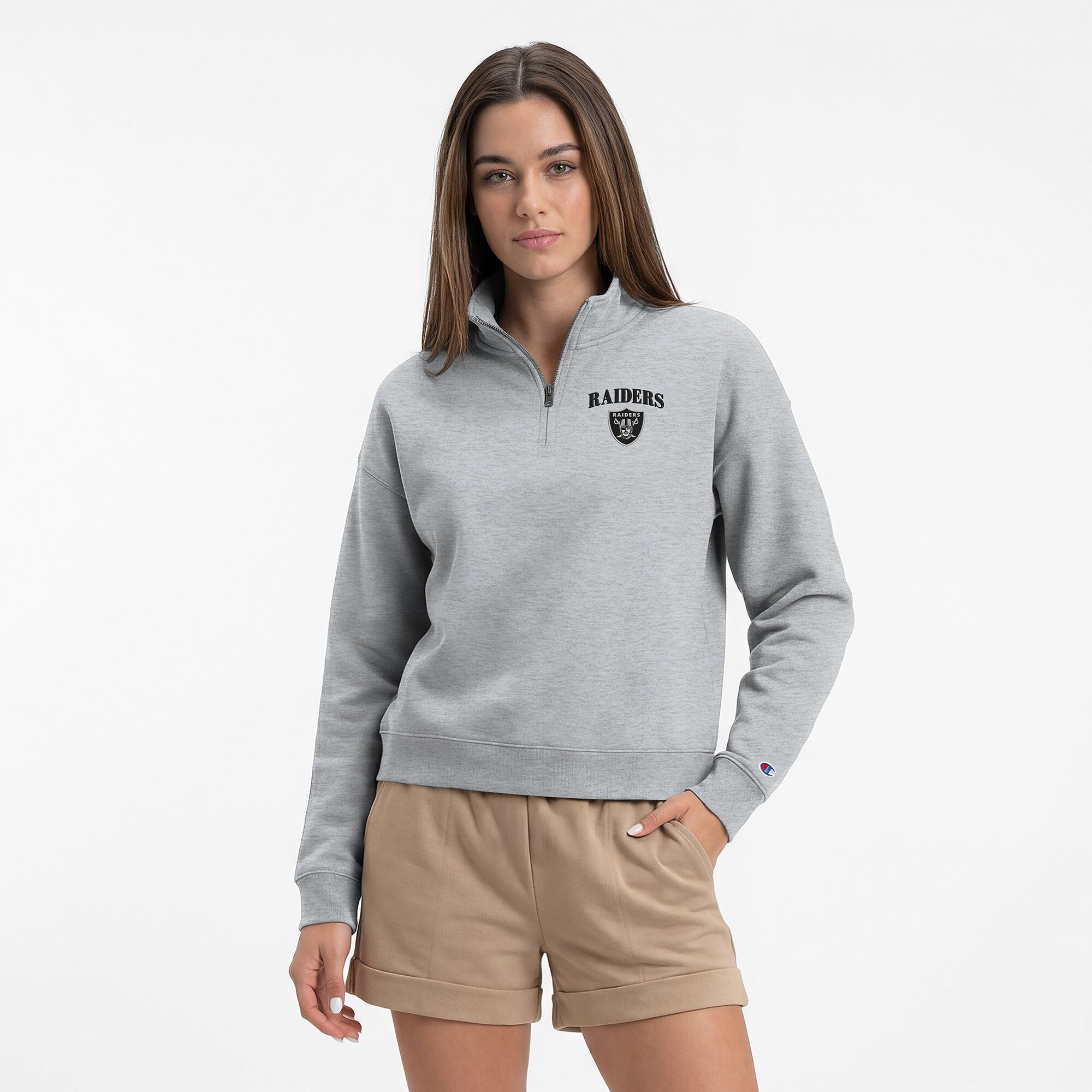 Sweat-shirt à col zippé Champion pour femme, gris chiné, Las Vegas Raiders, Powerblend