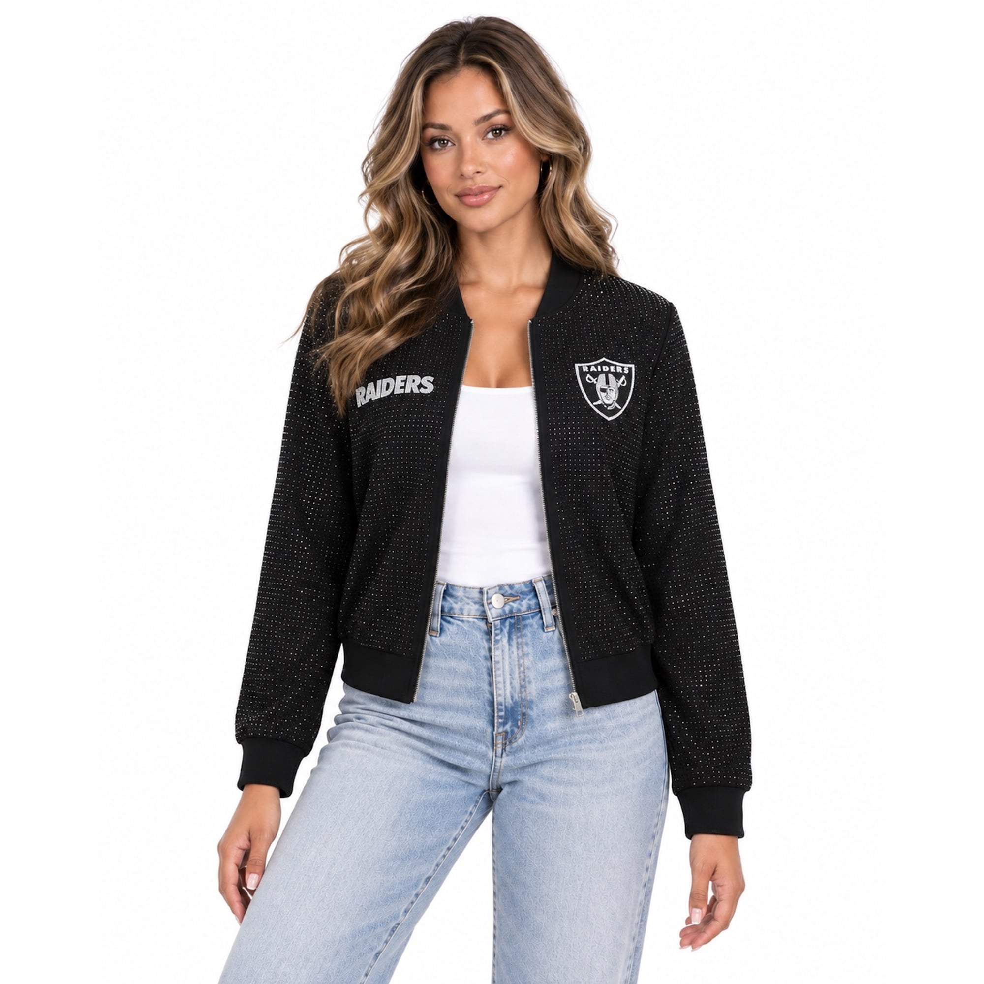 Veste bomber zippée intégrale FABGATING by Cuce noire Las Vegas Raiders Crystal pour femme