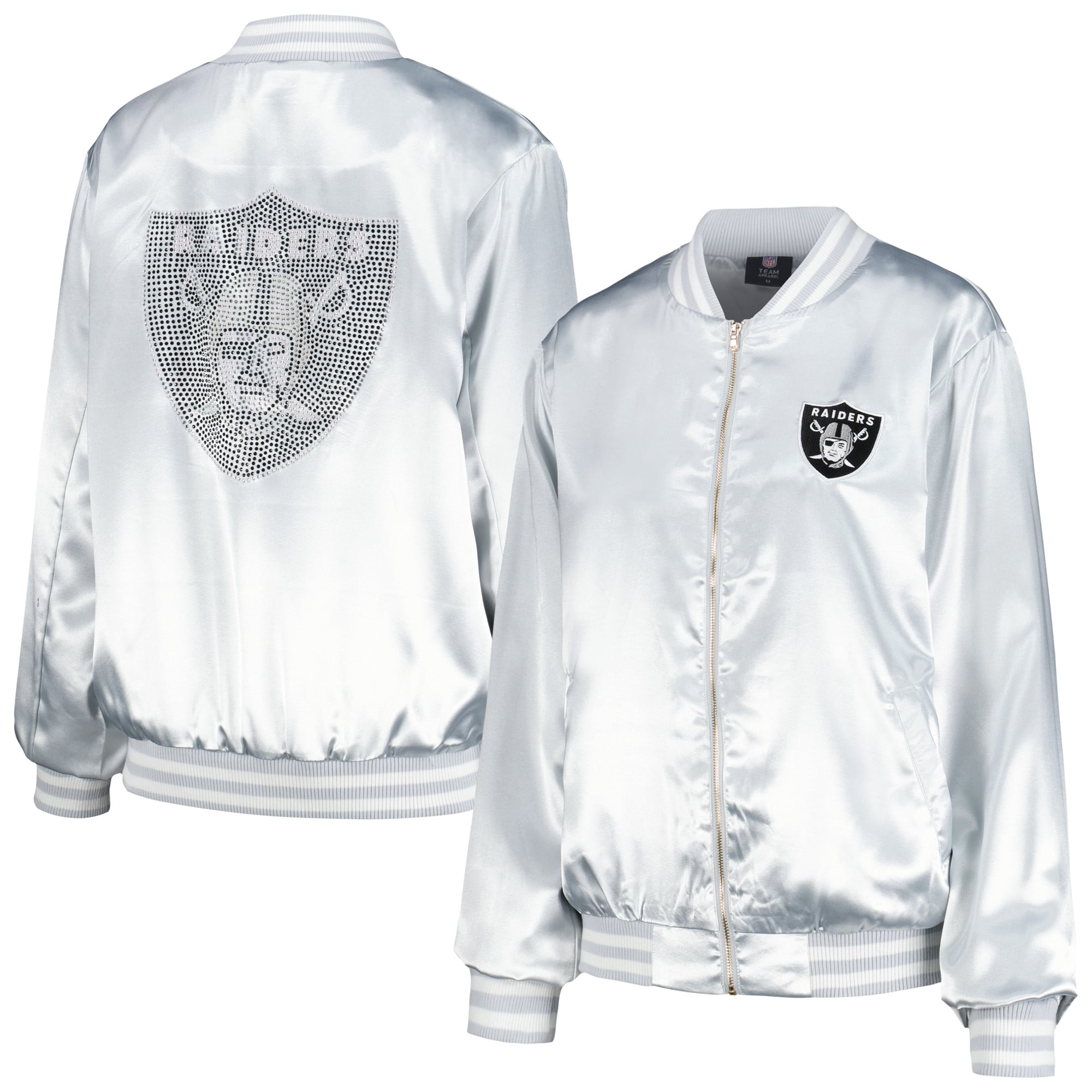 Veste universitaire zippée à strass argentée FABGATING by Cuce pour femme, modèle Las Vegas Raiders.