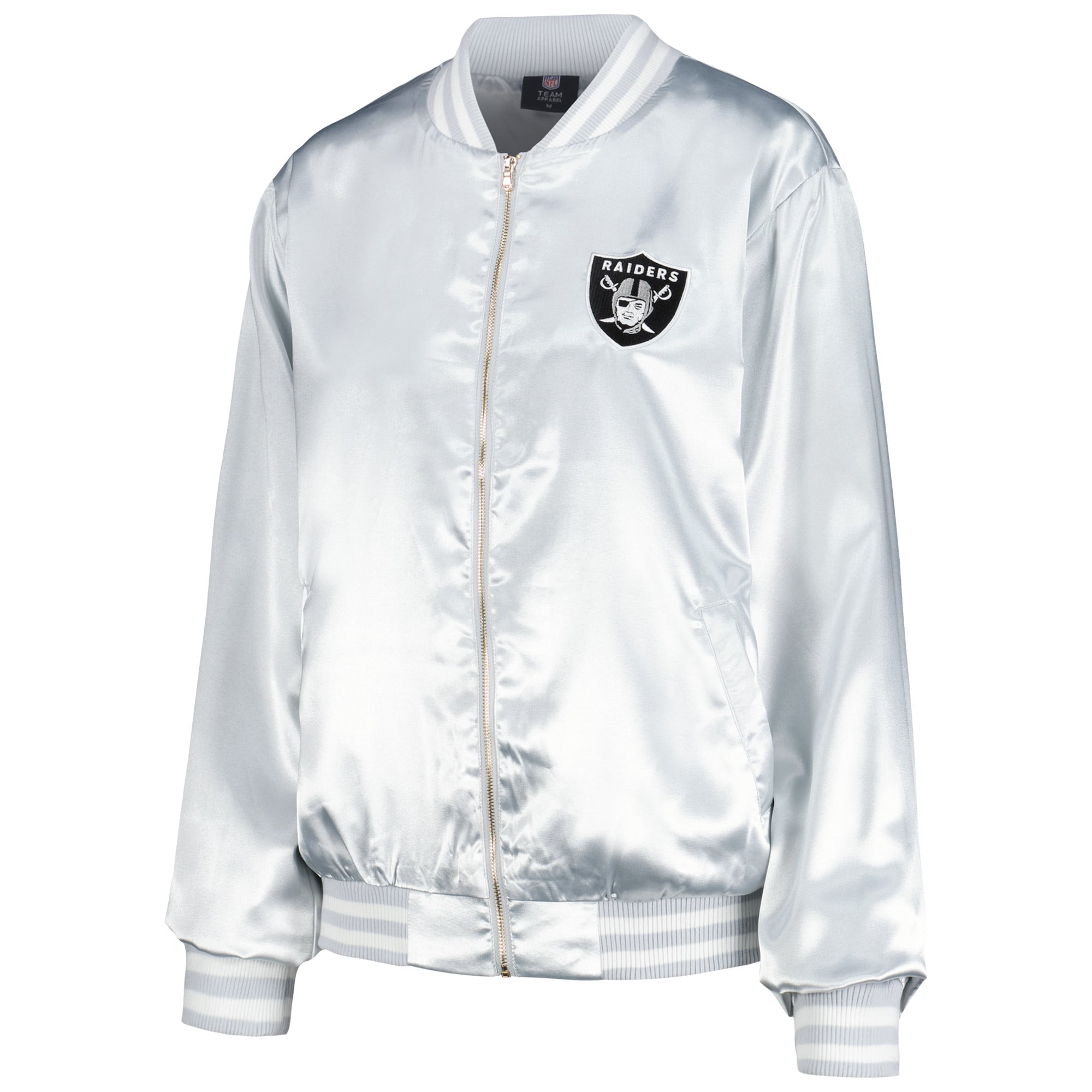 Veste universitaire zippée à strass argentée FABGATING by Cuce pour femme, modèle Las Vegas Raiders.