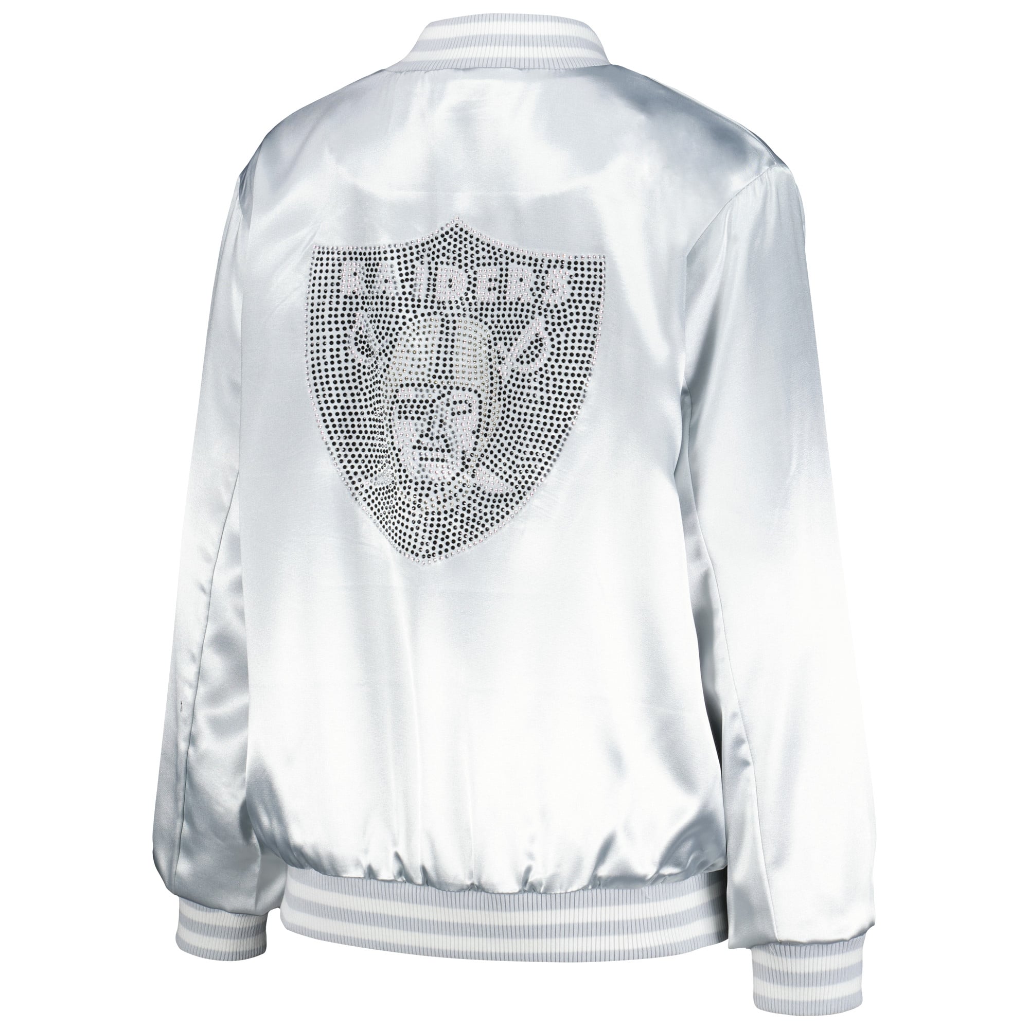 Veste universitaire zippée à strass argentée FABGATING by Cuce pour femme, modèle Las Vegas Raiders.