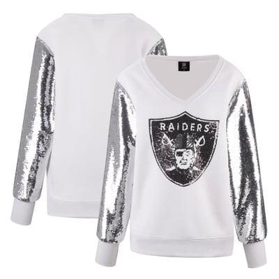 Las Vegas Raiders FABGATING by Cuce Women's Sequin Sleeve V-Neck Sweatshirt- White