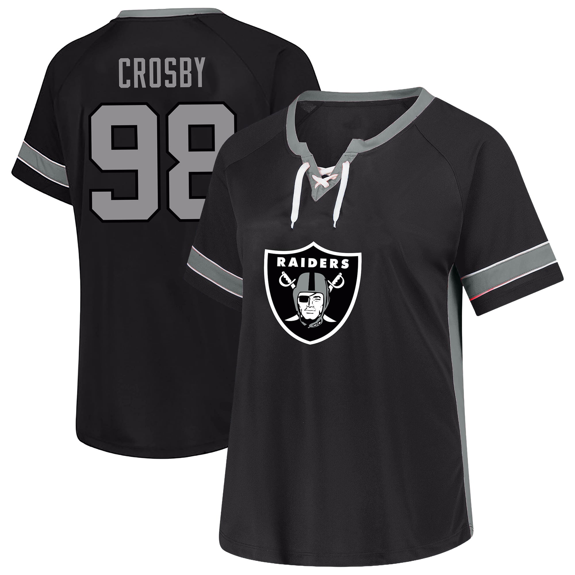T-shirt Fanatics Maxx Crosby noir pour femme, grandes tailles, Las Vegas Raiders, avec nom et numéro en dentelle strass.