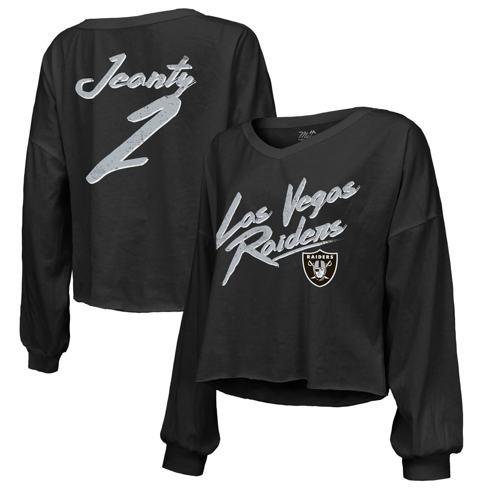 Ashton Jeanty Las Vegas Raiders Majestic Threads Women's Name & Number Off-Shoulder Script Cropped Long Sleeve Relaxed V-Neck T-Shirt - Black