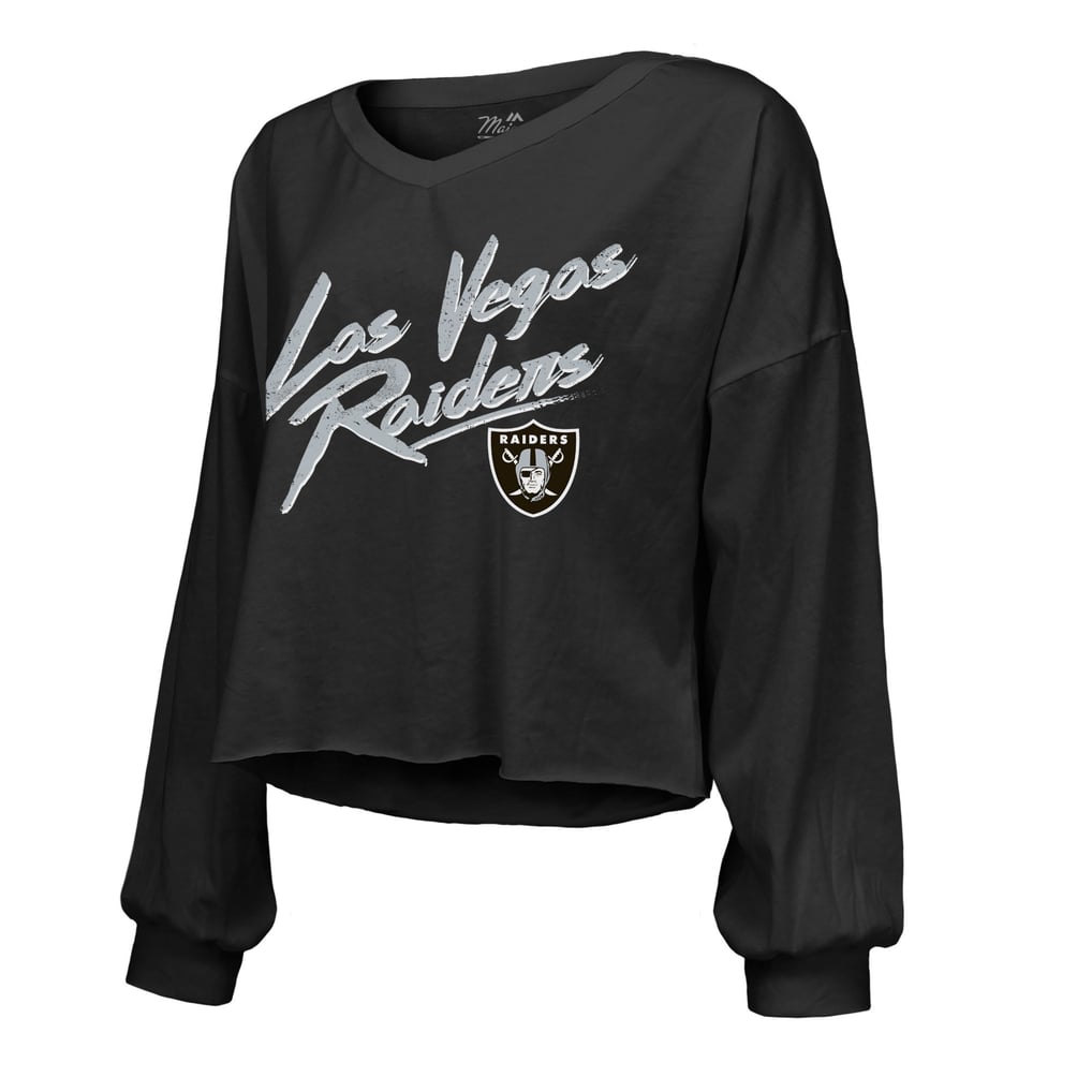 Ashton Jeanty Las Vegas Raiders Majestic Threads Women's Name & Number Off-Shoulder Script Cropped Long Sleeve Relaxed V-Neck T-Shirt - Black