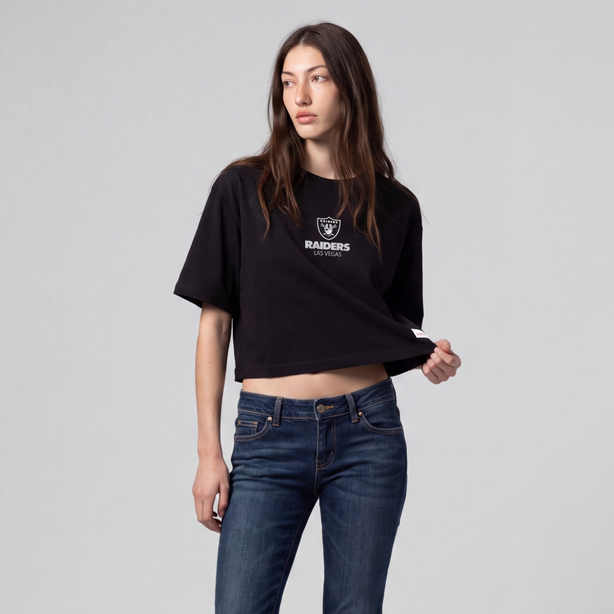 Women's Mitchell & Ness Las Vegas Raiders Core Essentials Micro Logo Boxy Crop T-Shirt